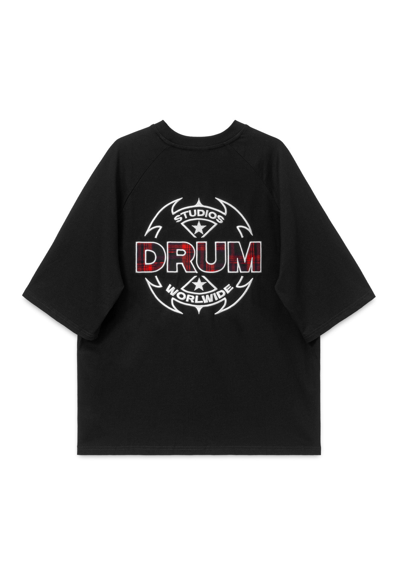 DRUM S. Flannel 3D Applique Embroidery Oversized Tee- Black