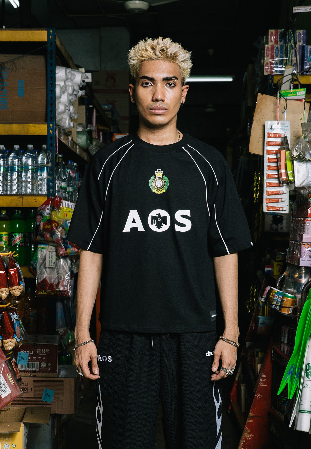 DRUM X AOS Silicon Logo Piping Oversized Boxy Tee- Black