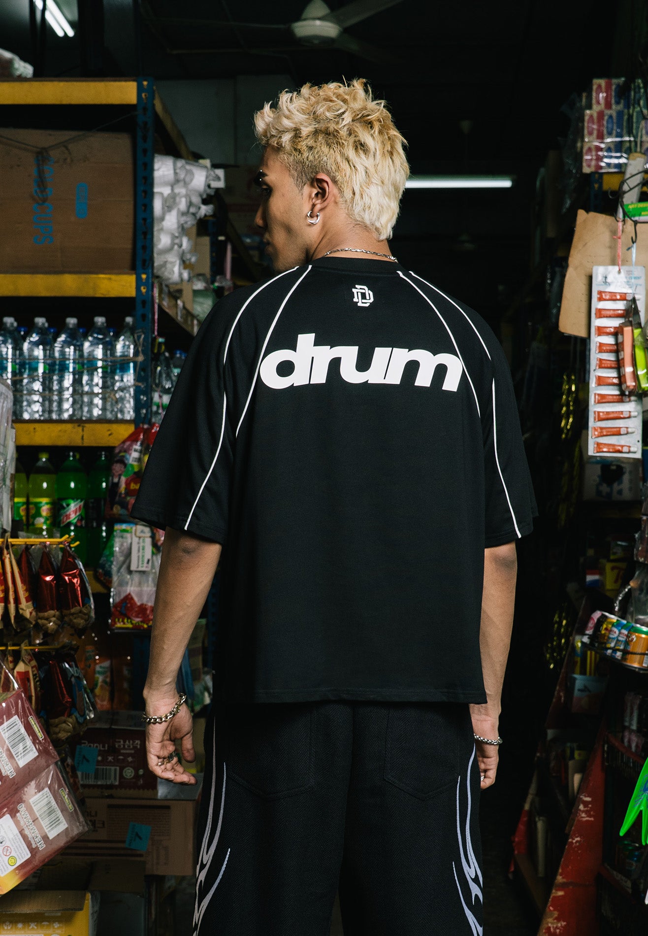 DRUM X AOS Silicon Logo Piping Oversized Boxy Tee- Black