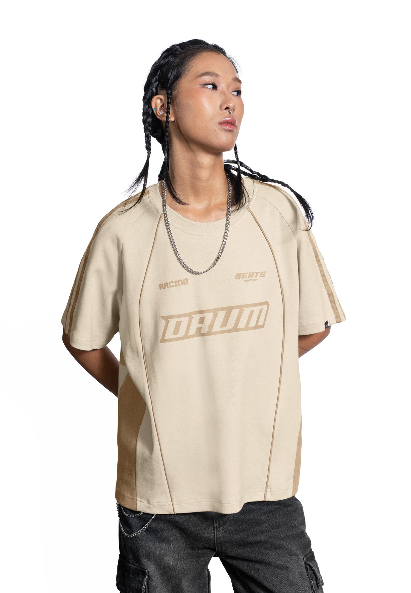 SELECT Women Racing Collection Tipping Oversized Top- Light Khaki