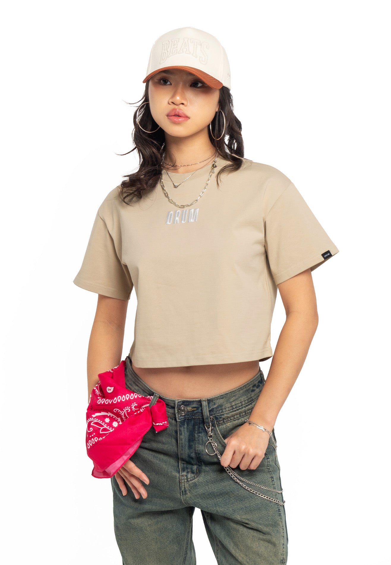 SELECT Women Slogan Reflective Crop Top- Light Khaki