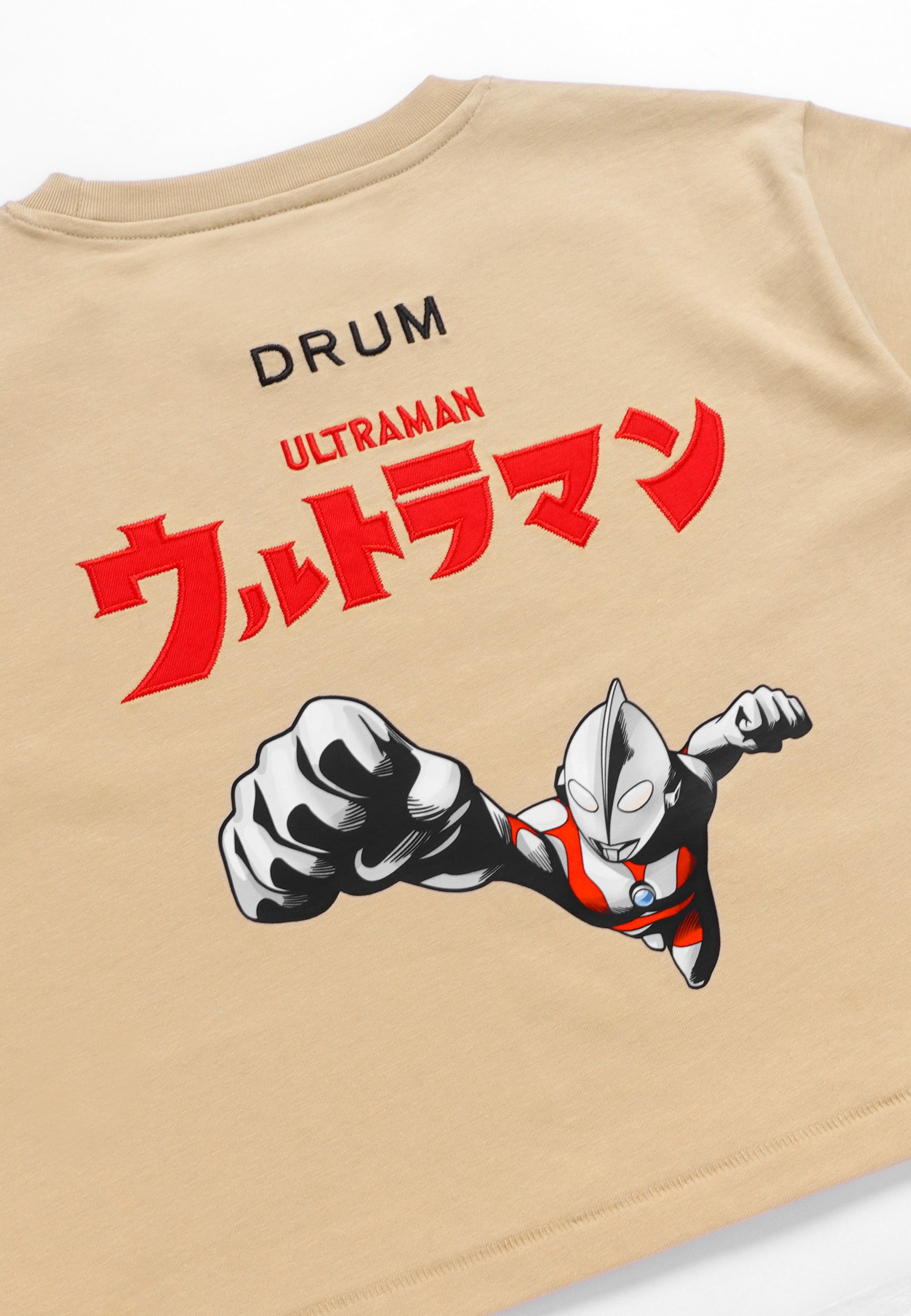 DRUM | ULTRAMAN Women Embroidery Digital Print Crop Top- Light Khaki