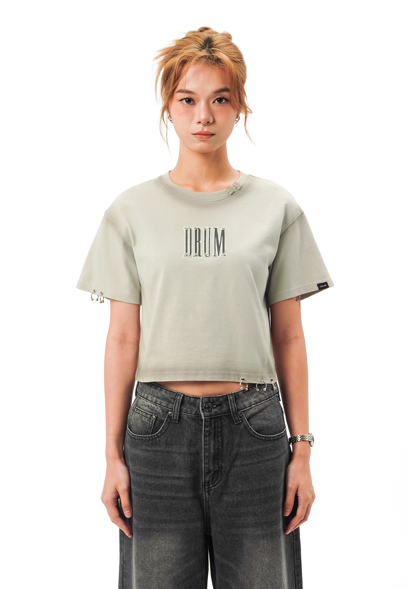 DRUM SELECT Women Ring Details Crop Top- Light Grey