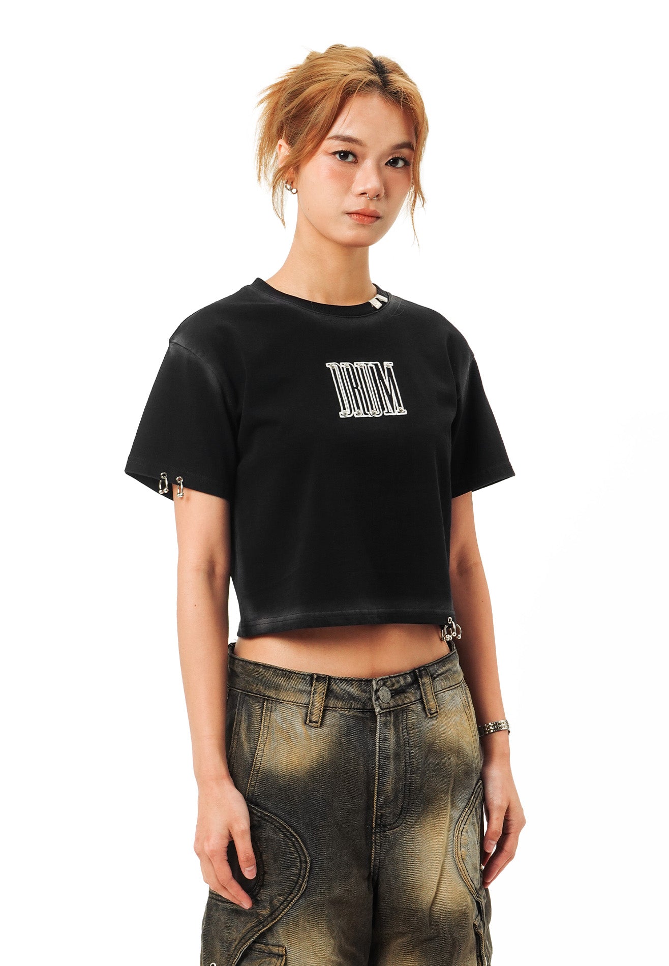 DRUM SELECT Women Ring Details Crop Top- Black