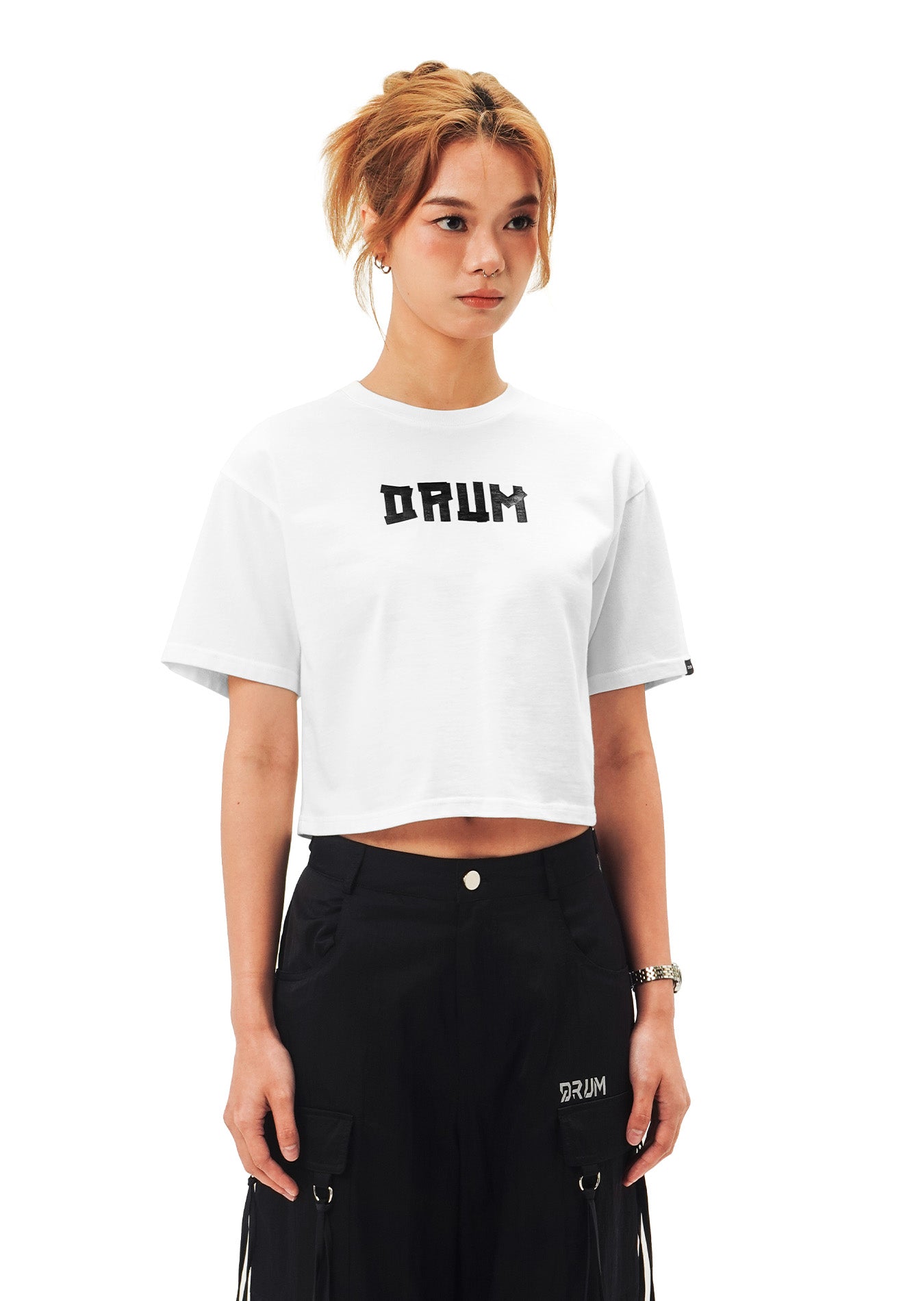 DRUM SELECT Women Slogan Ink Printing Crop Top- White