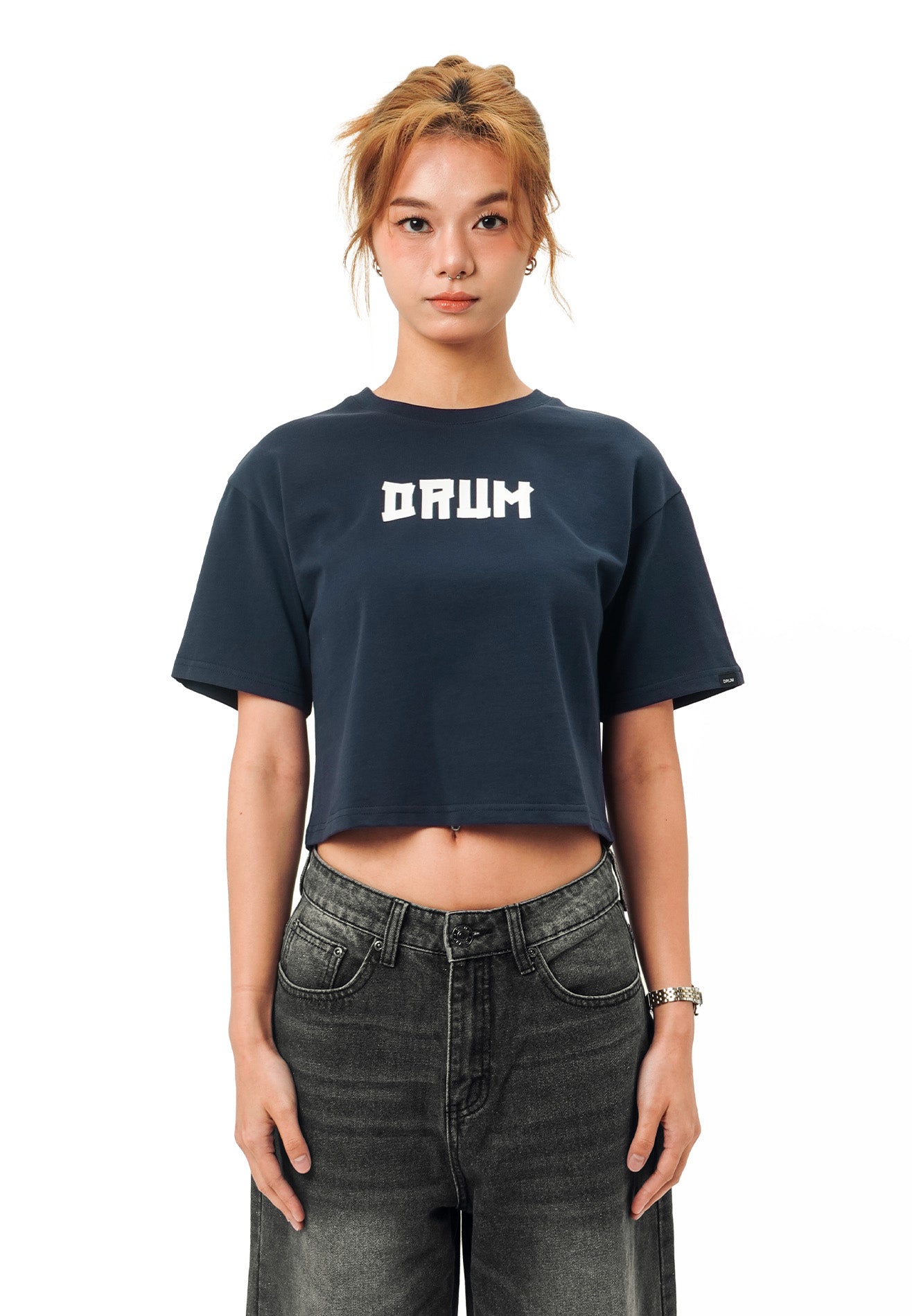 DRUM SELECT Women Slogan Ink Printing Crop Top- Dark Blue