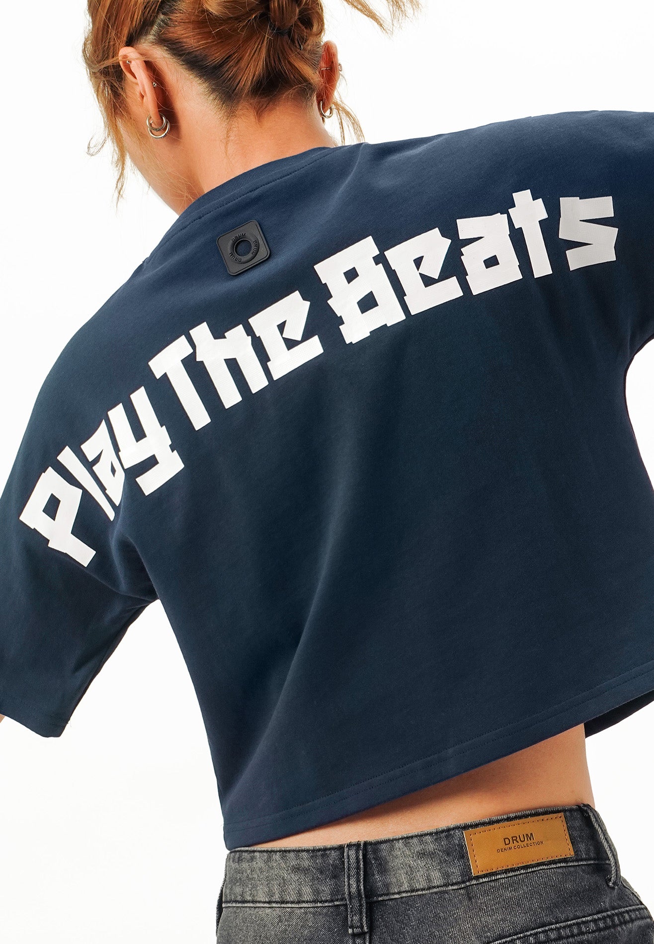 DRUM SELECT Women Slogan Ink Printing Crop Top- Dark Blue