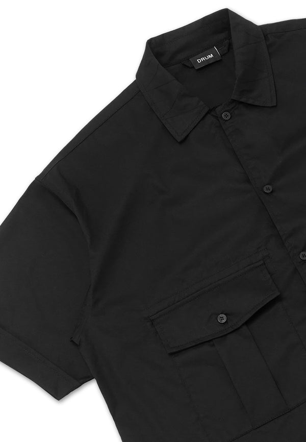 DRUM Relaxed Fit Pocket Short Sleeve Shirt- Black