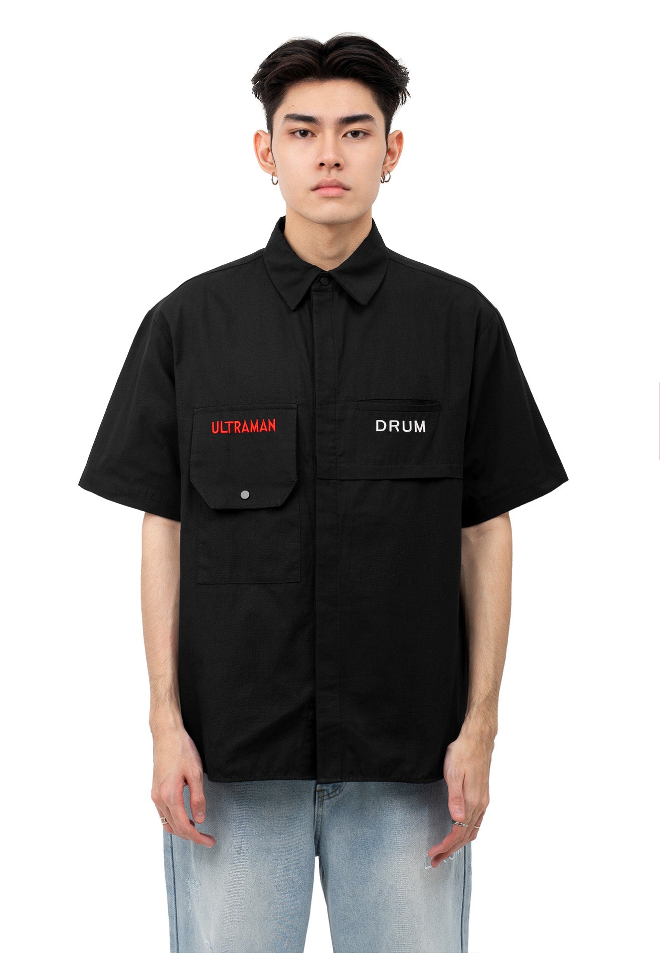 DRUM | ULTRAMAN Embroidery Casual Short Sleeve Work Shirt- Black