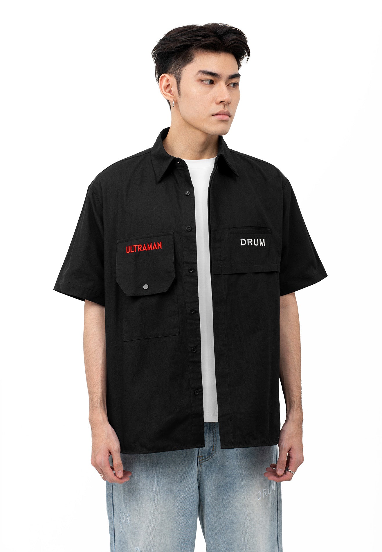 DRUM | ULTRAMAN Embroidery Casual Short Sleeve Work Shirt- Black