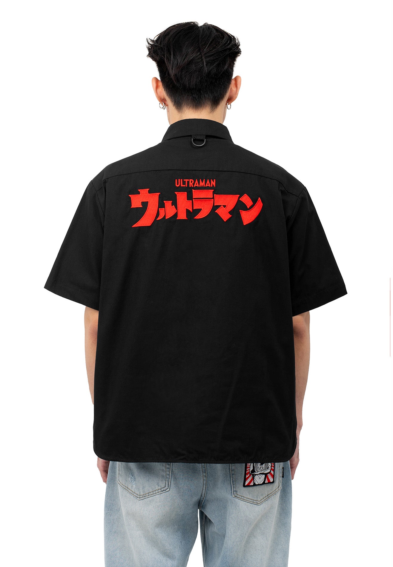 DRUM | ULTRAMAN Embroidery Casual Short Sleeve Work Shirt- Black