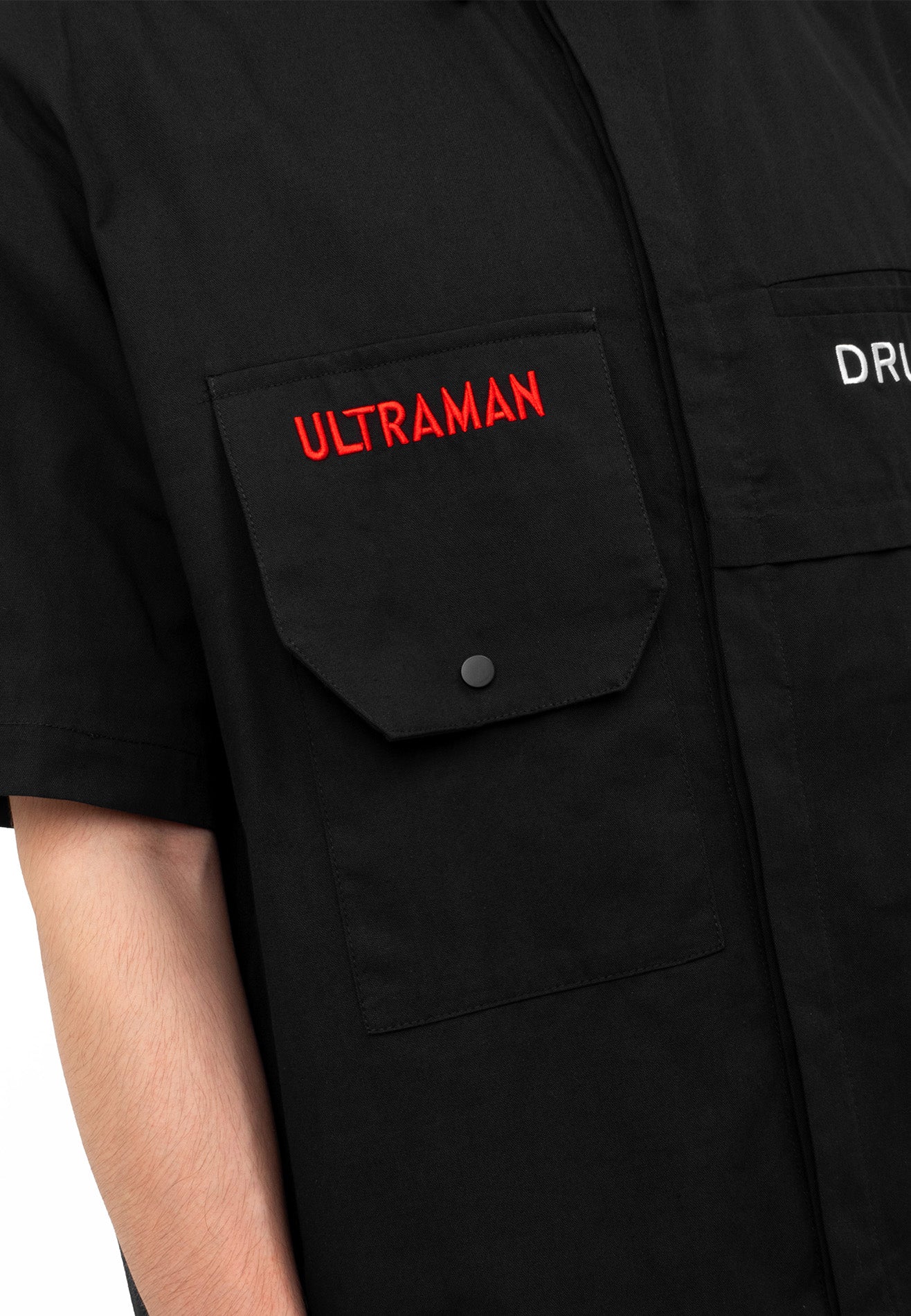DRUM | ULTRAMAN Embroidery Casual Short Sleeve Work Shirt- Black