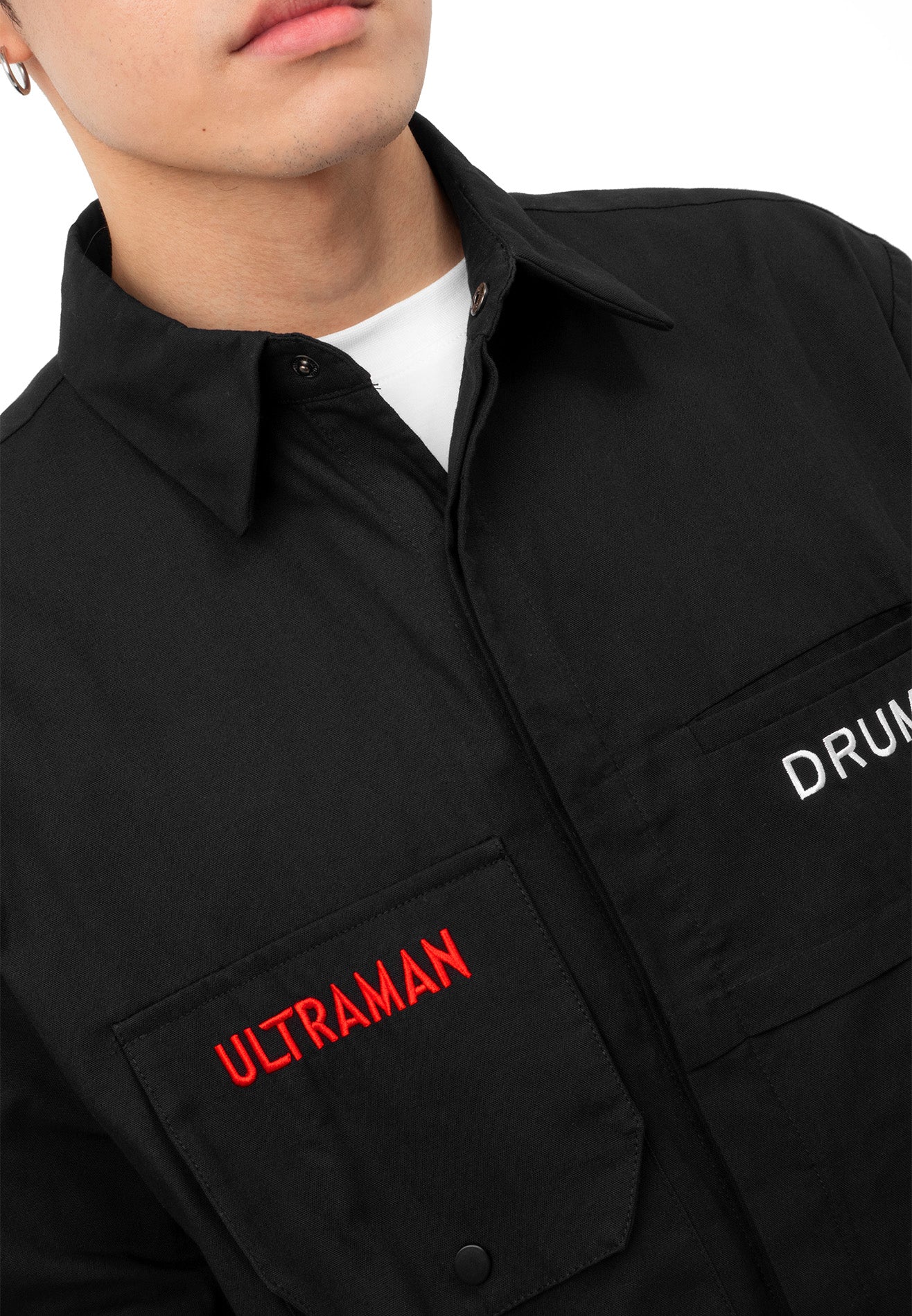 DRUM | ULTRAMAN Embroidery Casual Short Sleeve Work Shirt- Black