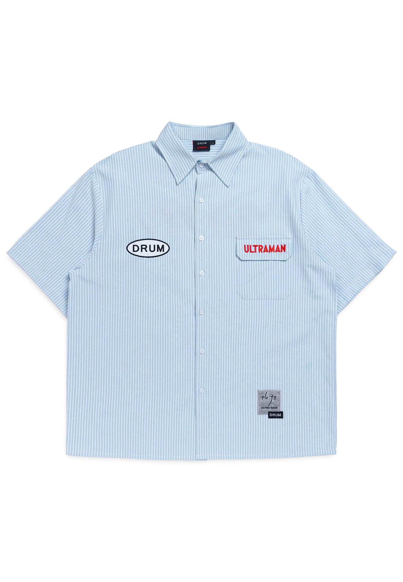 DRUM | ULTRAMAN Striped Embroidery Casual Short Sleeve Work Shirt- Light Blue