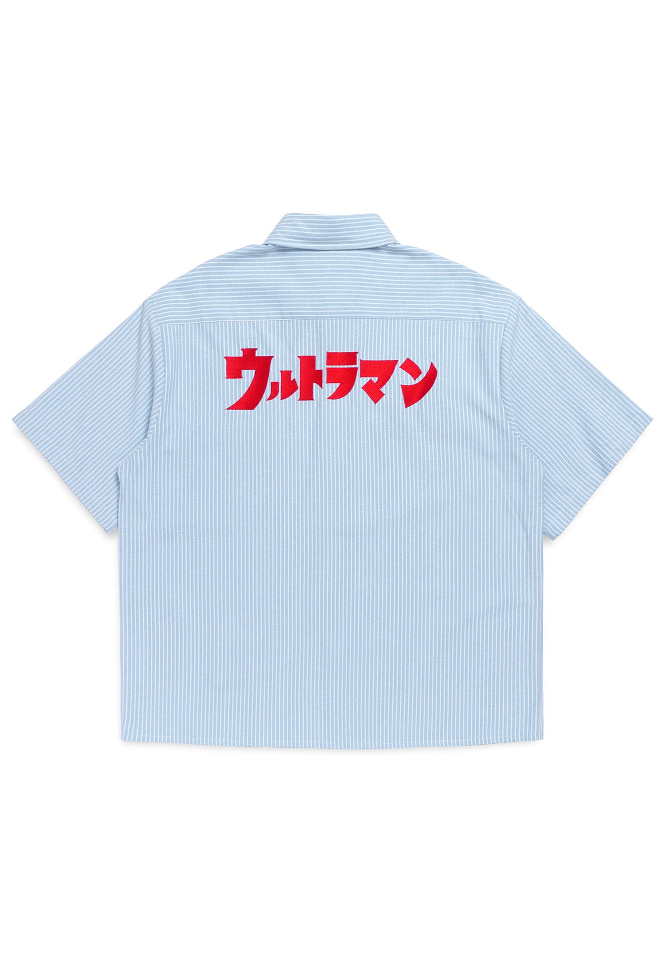 DRUM | ULTRAMAN Striped Embroidery Casual Short Sleeve Work Shirt- Light Blue
