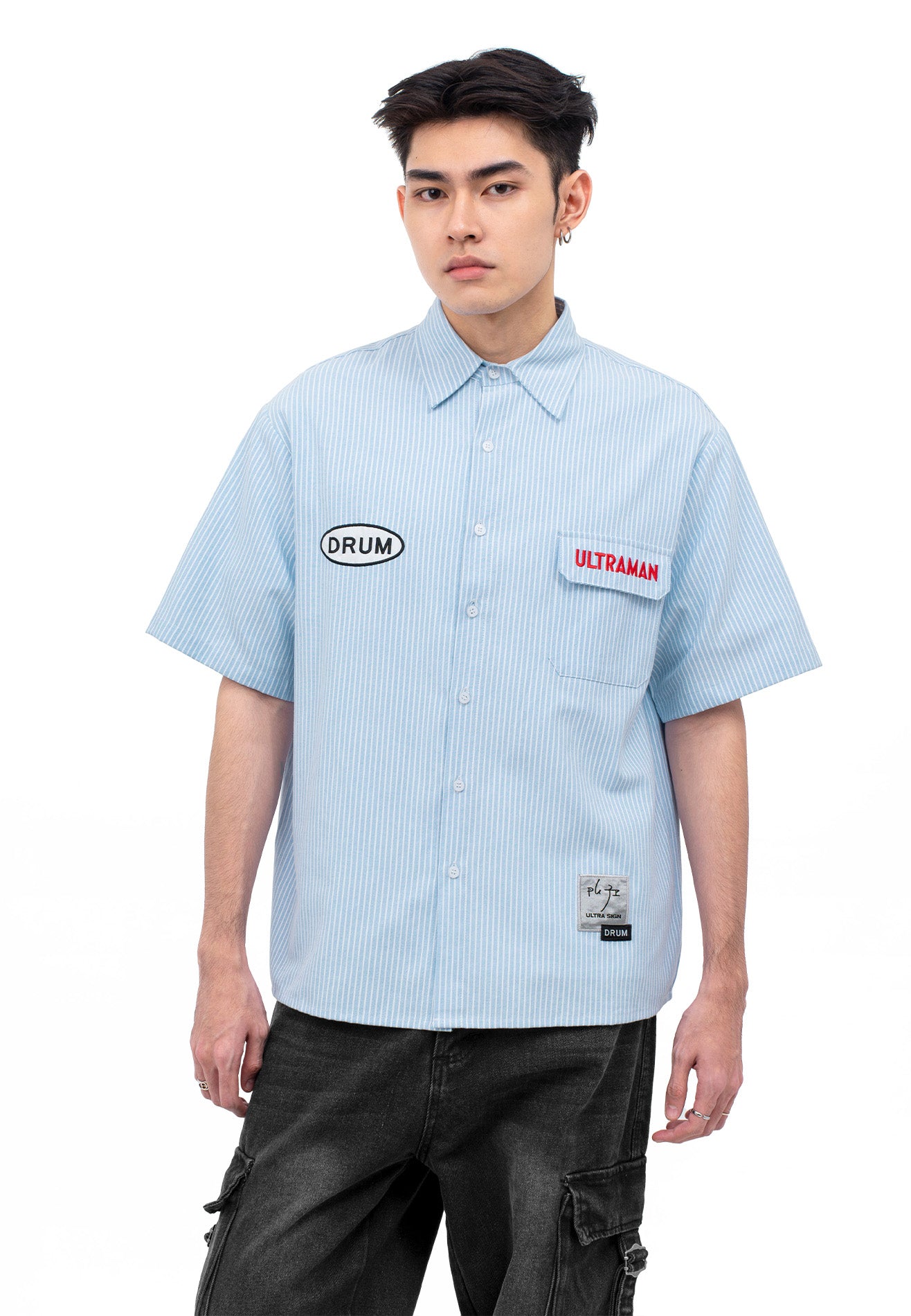 DRUM | ULTRAMAN Striped Embroidery Casual Short Sleeve Work Shirt- Light Blue