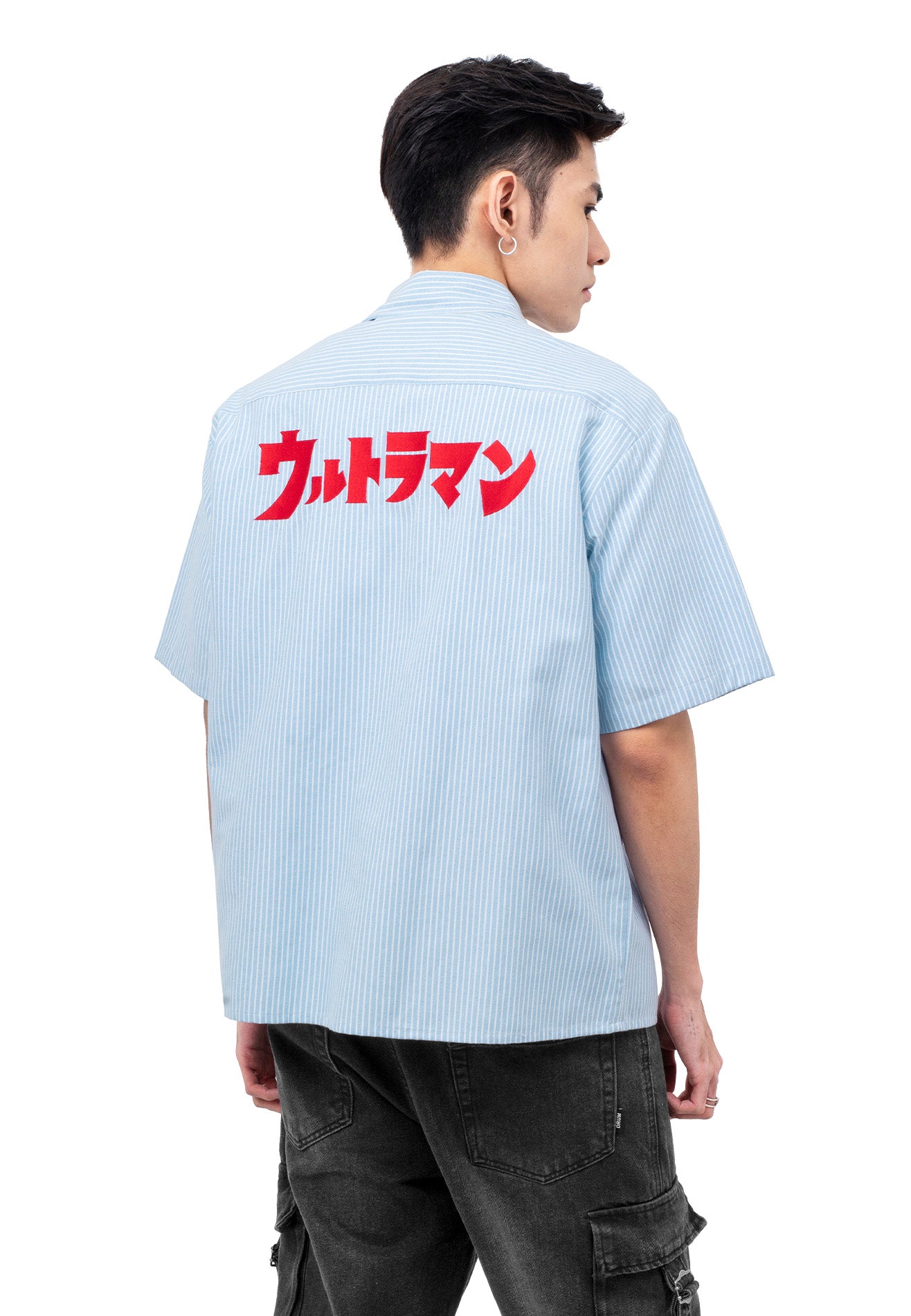 DRUM | ULTRAMAN Striped Embroidery Casual Short Sleeve Work Shirt- Light Blue