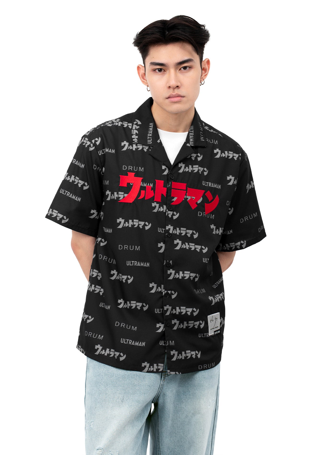 DRUM | ULTRAMAN All Over Print Short Sleeve Work Shirt- Black