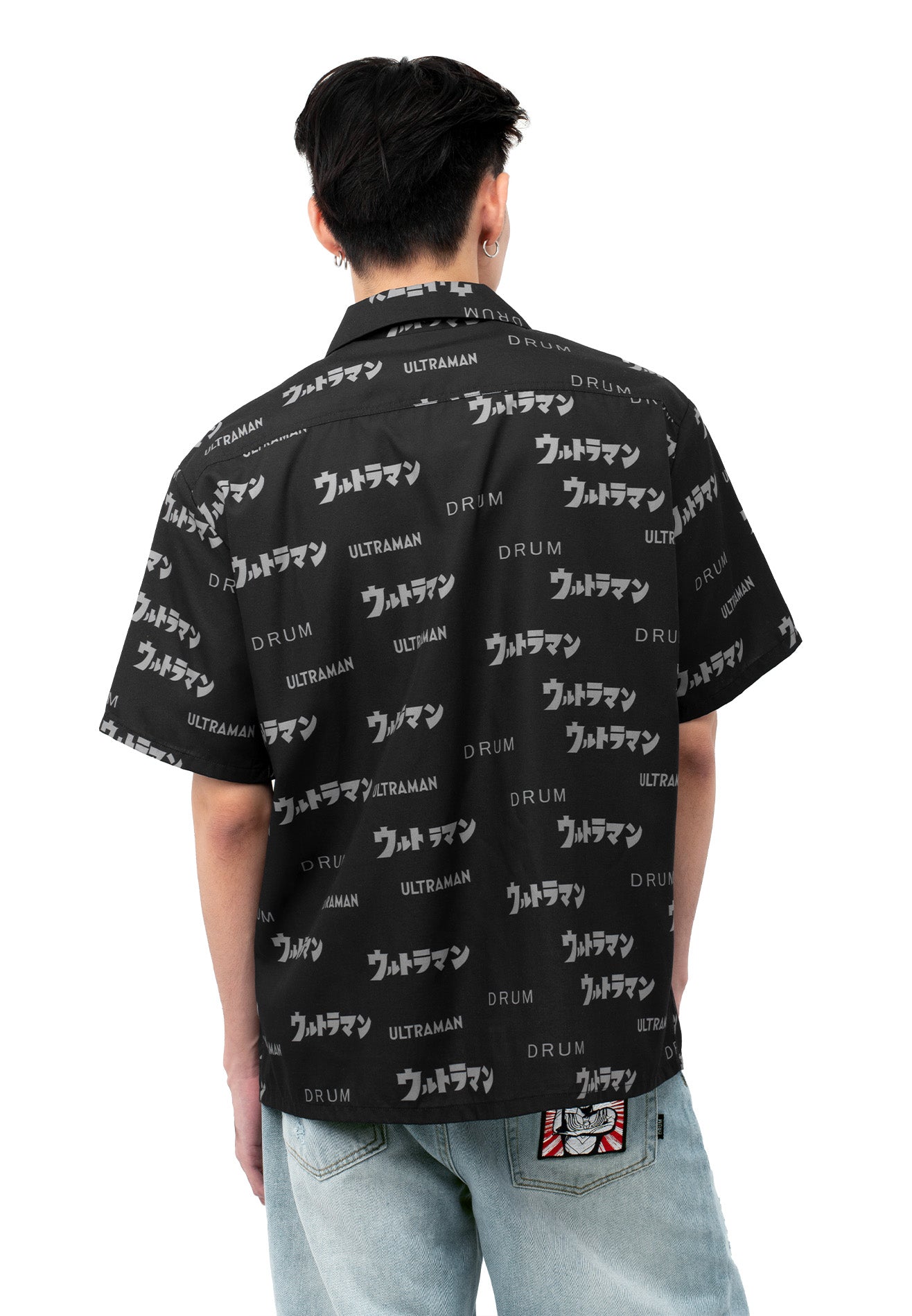 DRUM | ULTRAMAN All Over Print Short Sleeve Work Shirt- Black