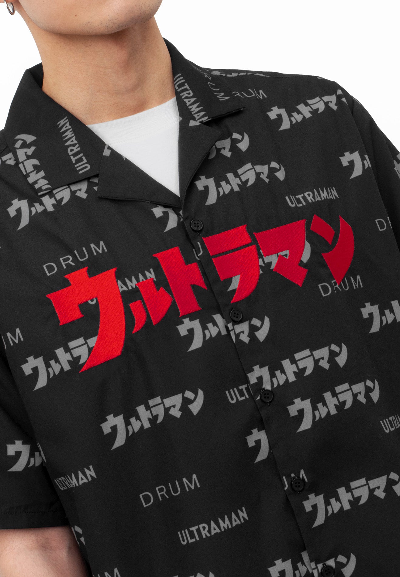 DRUM | ULTRAMAN All Over Print Short Sleeve Work Shirt- Black
