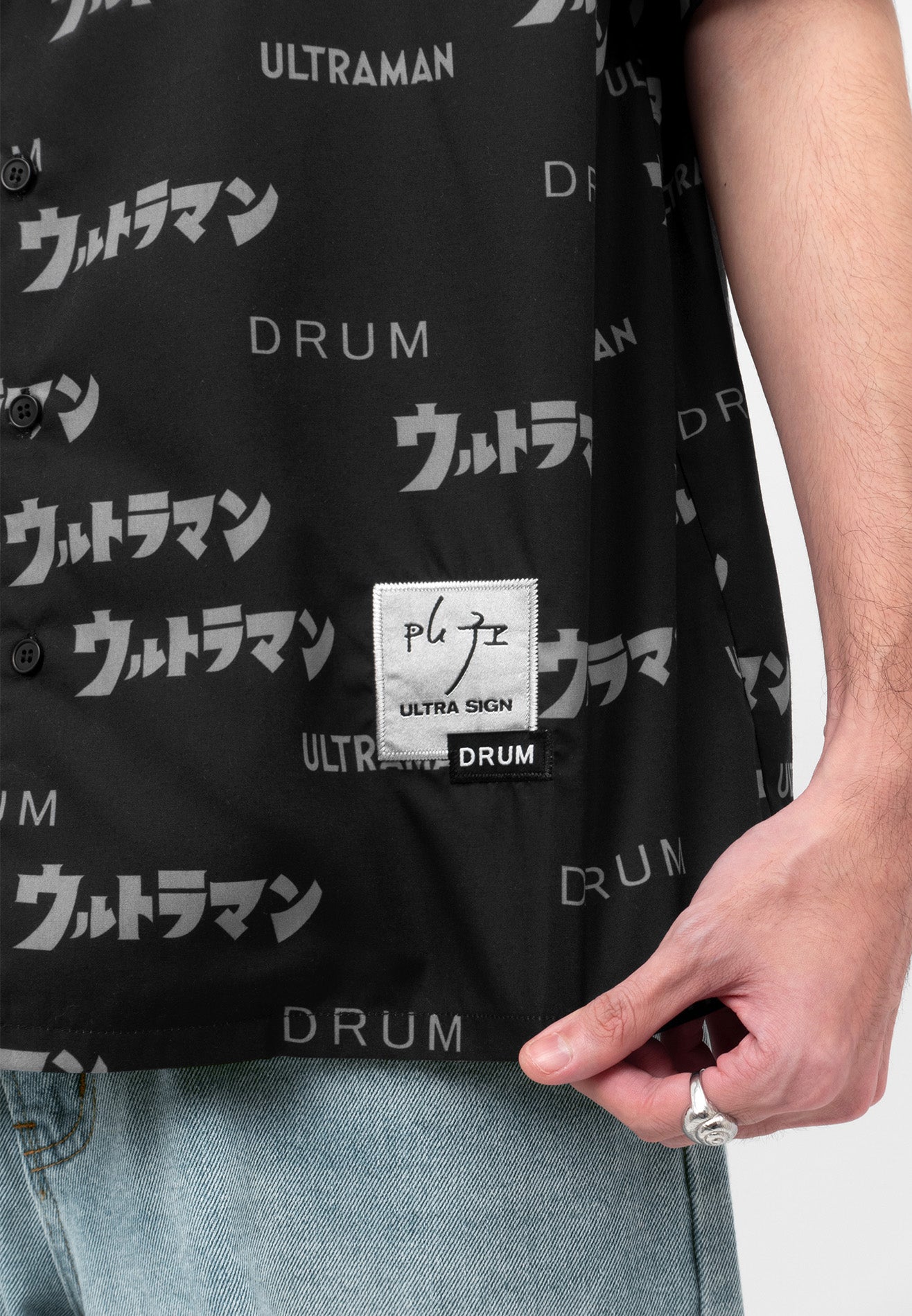 DRUM | ULTRAMAN All Over Print Short Sleeve Work Shirt- Black