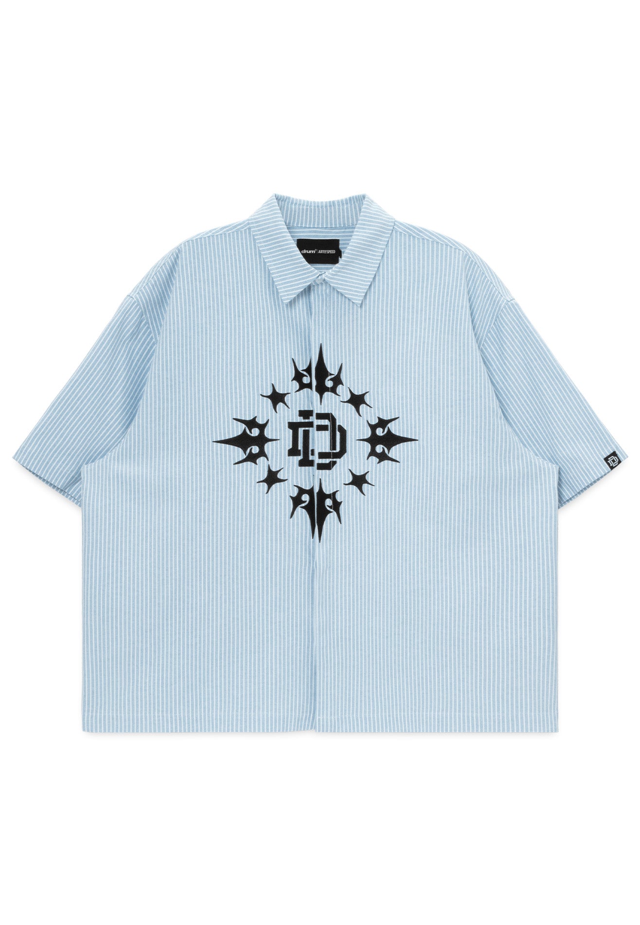 DRUM X AOS Embroidery Vertical Stripe Short Sleeve Boxy Shirt- Light Blue