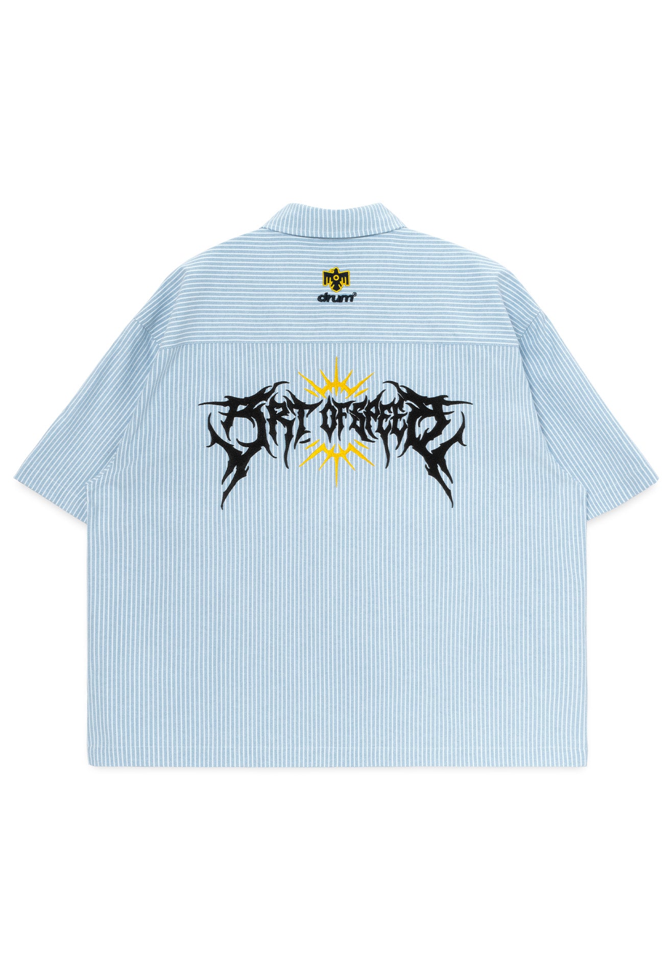DRUM X AOS Embroidery Vertical Stripe Short Sleeve Boxy Shirt- Light Blue