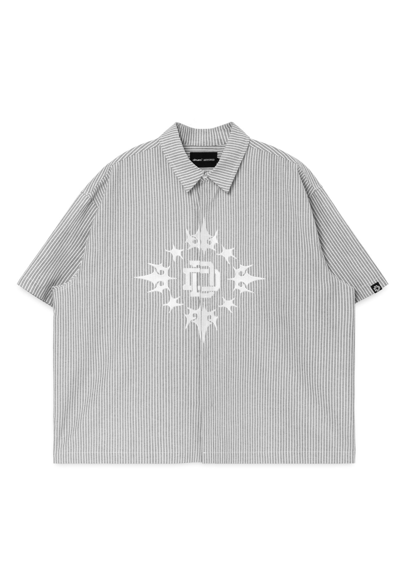 DRUM X AOS Embroidery Vertical Stripe Short Sleeve Boxy Shirt- Black