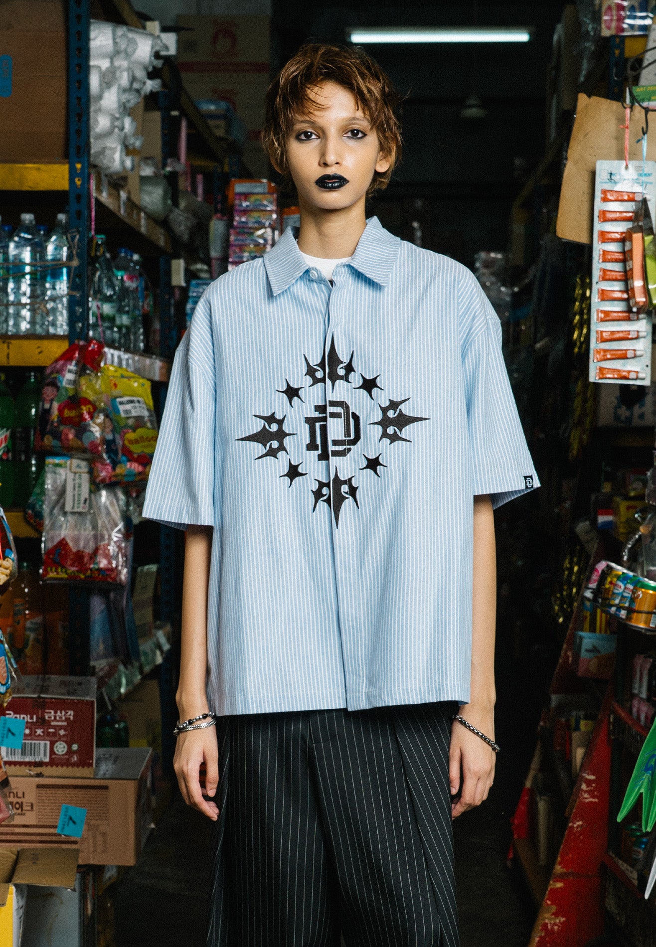 DRUM X AOS Embroidery Vertical Stripe Short Sleeve Boxy Shirt- Light Blue