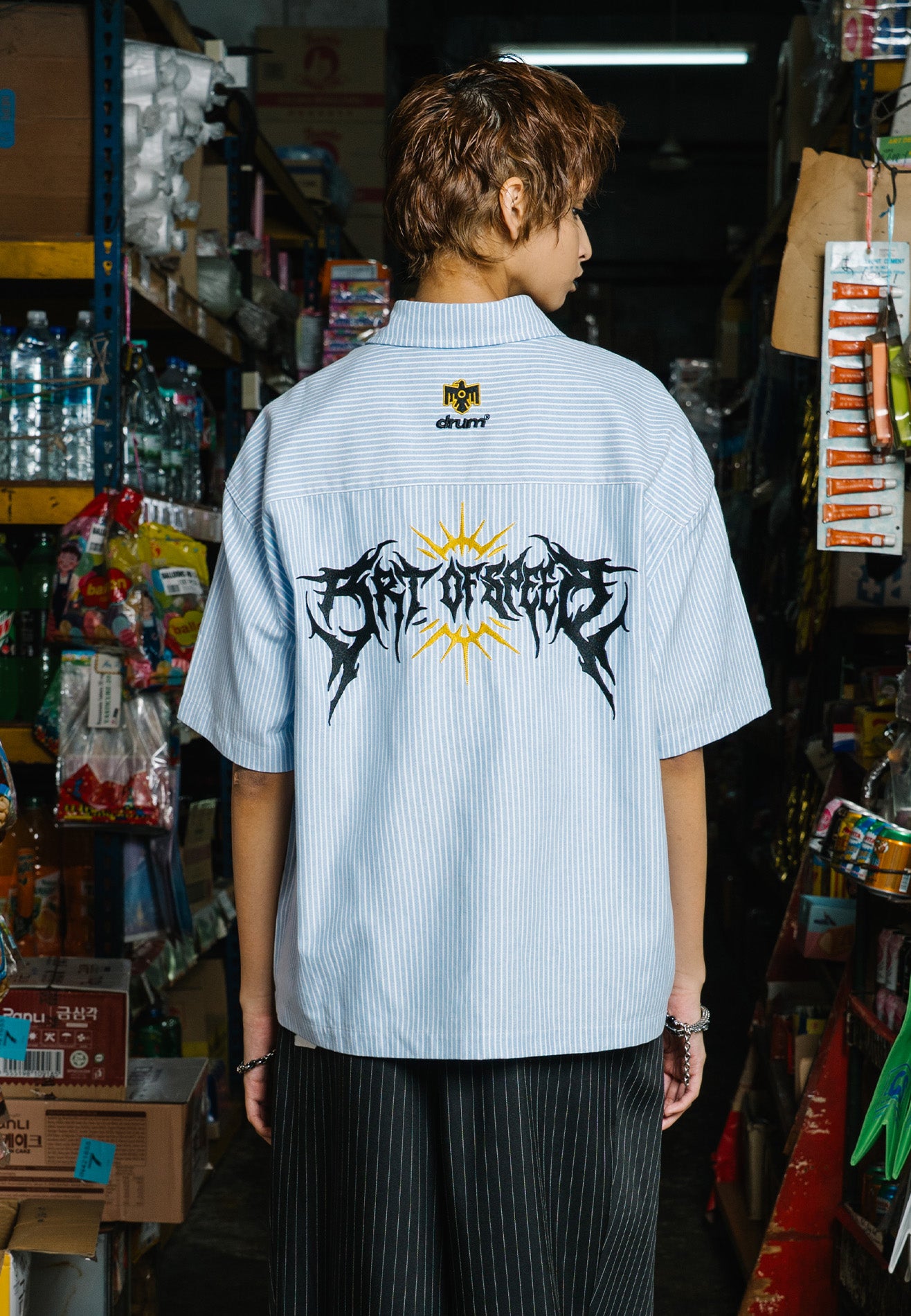 DRUM X AOS Embroidery Vertical Stripe Short Sleeve Boxy Shirt- Light Blue