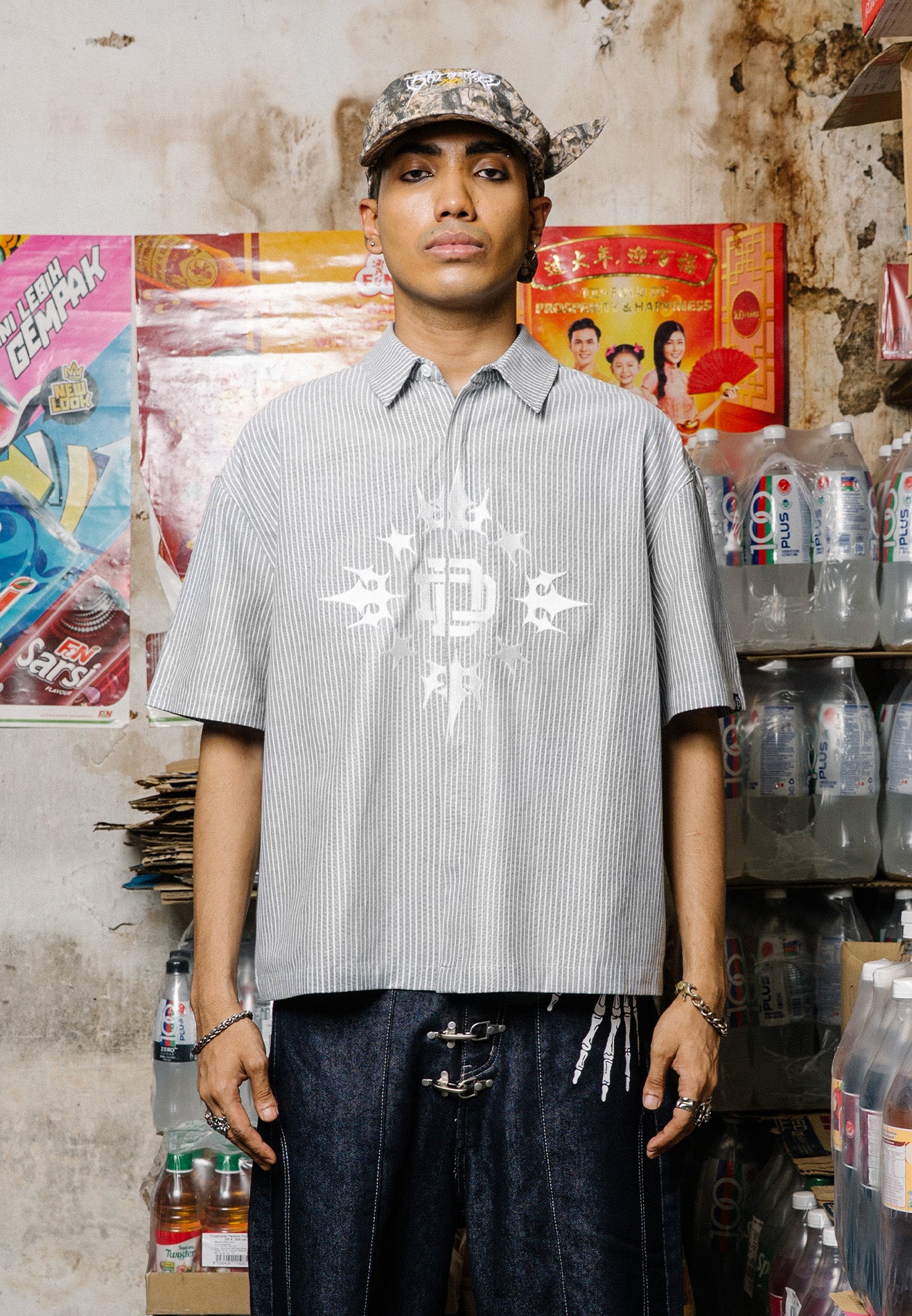 DRUM X AOS Embroidery Vertical Stripe Short Sleeve Boxy Shirt- Black