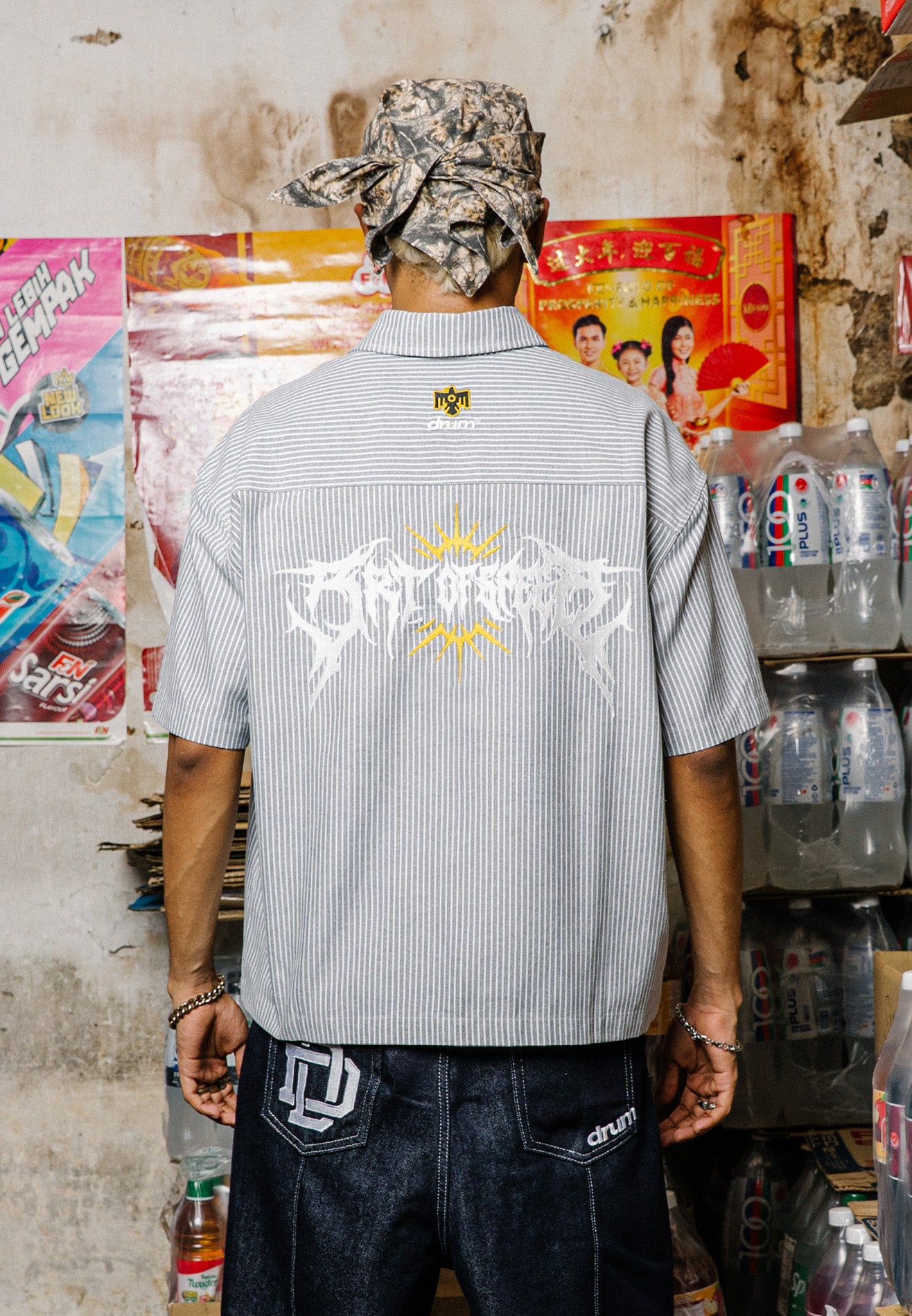 DRUM X AOS Embroidery Vertical Stripe Short Sleeve Boxy Shirt- Black