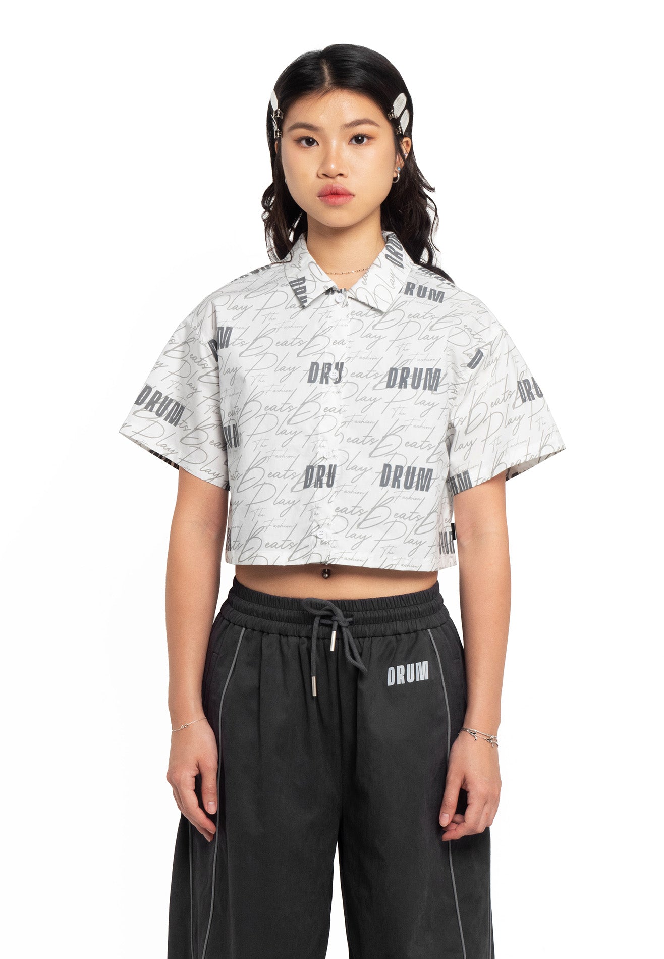 Select Women Full Print Short Sleeve Crop Shirt- White