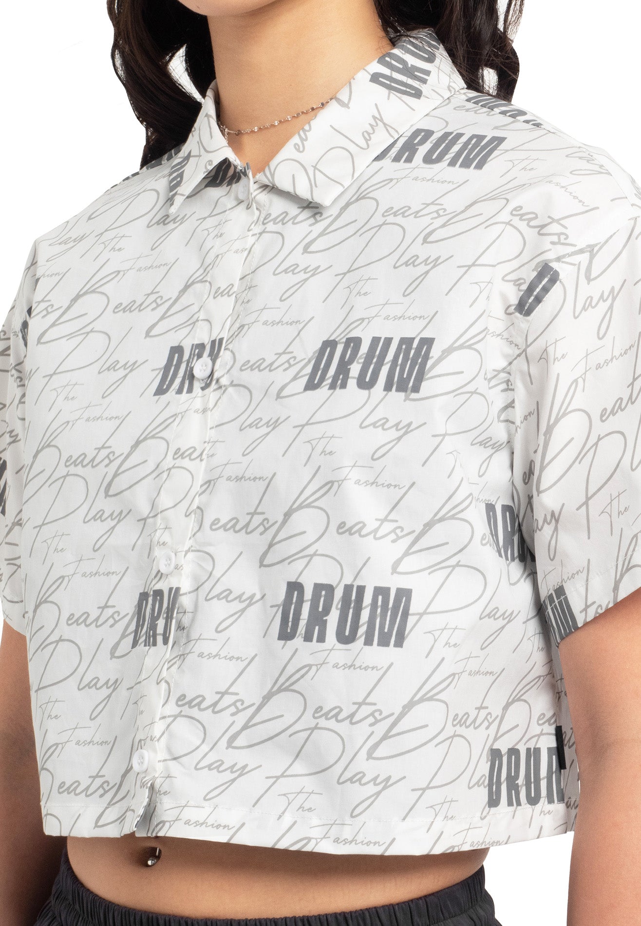 Select Women Full Print Short Sleeve Crop Shirt- White