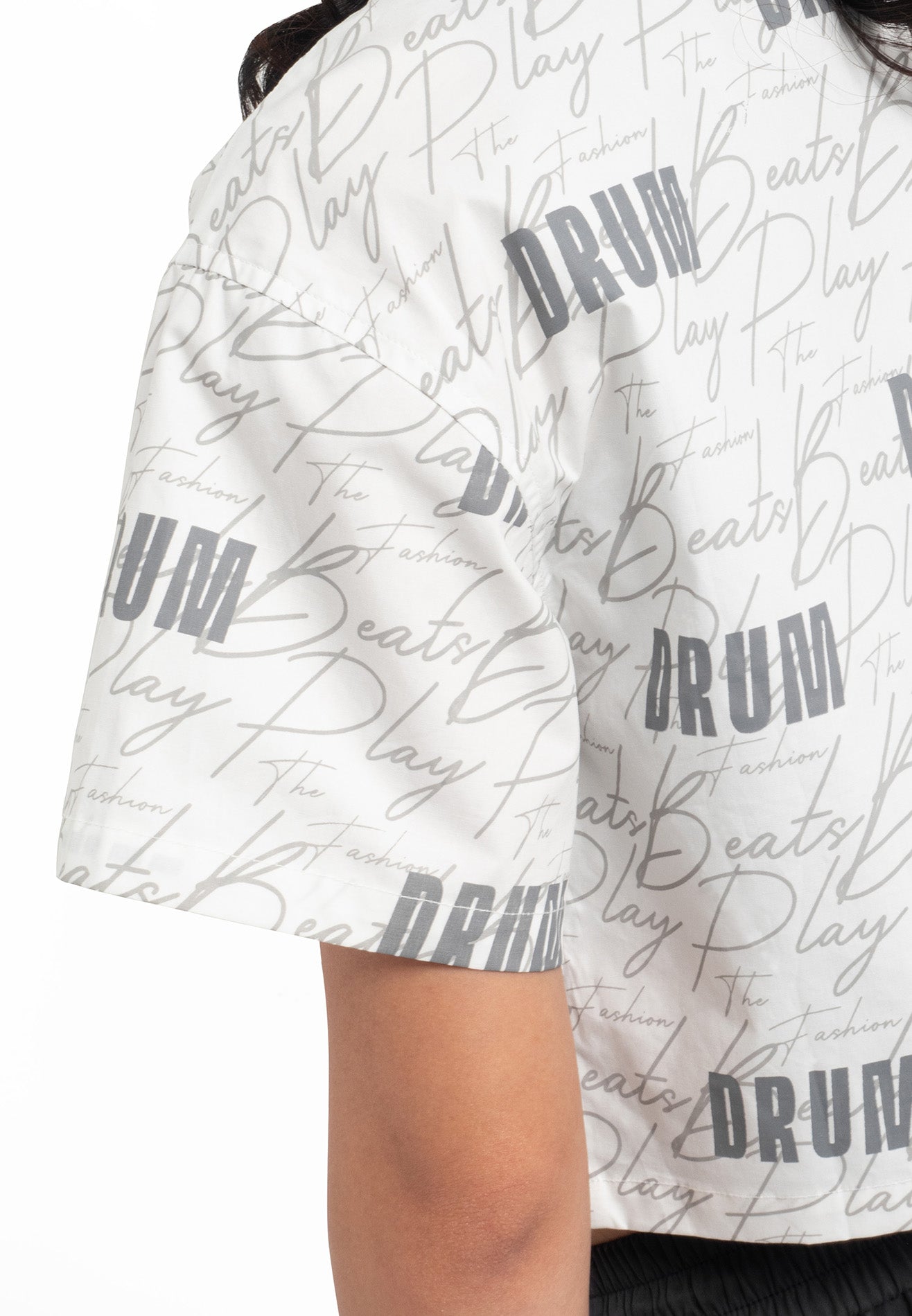 Select Women Full Print Short Sleeve Crop Shirt- White