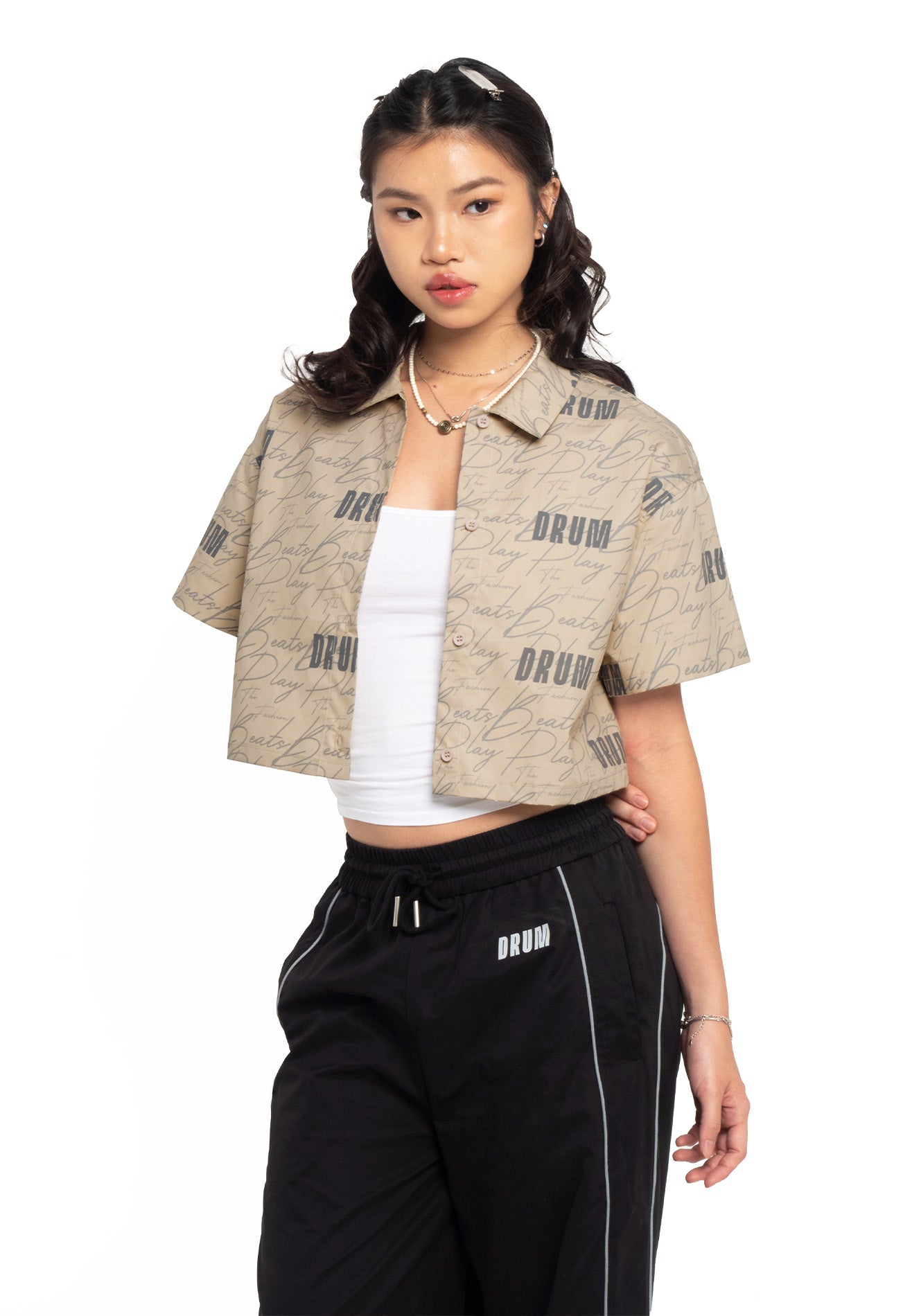 Select Women Full Print Short Sleeve Crop Shirt- Light Khaki