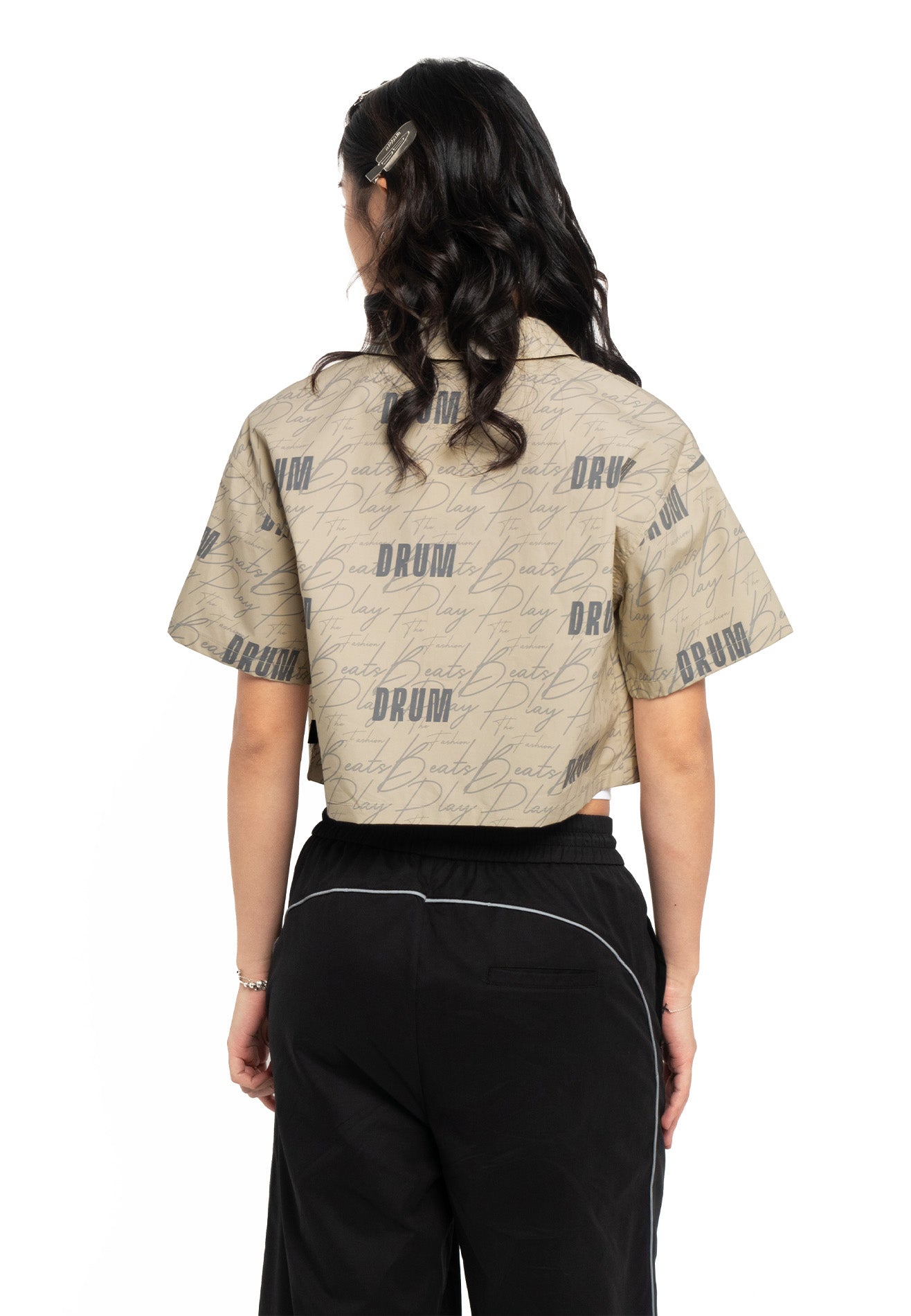 Select Women Full Print Short Sleeve Crop Shirt- Light Khaki