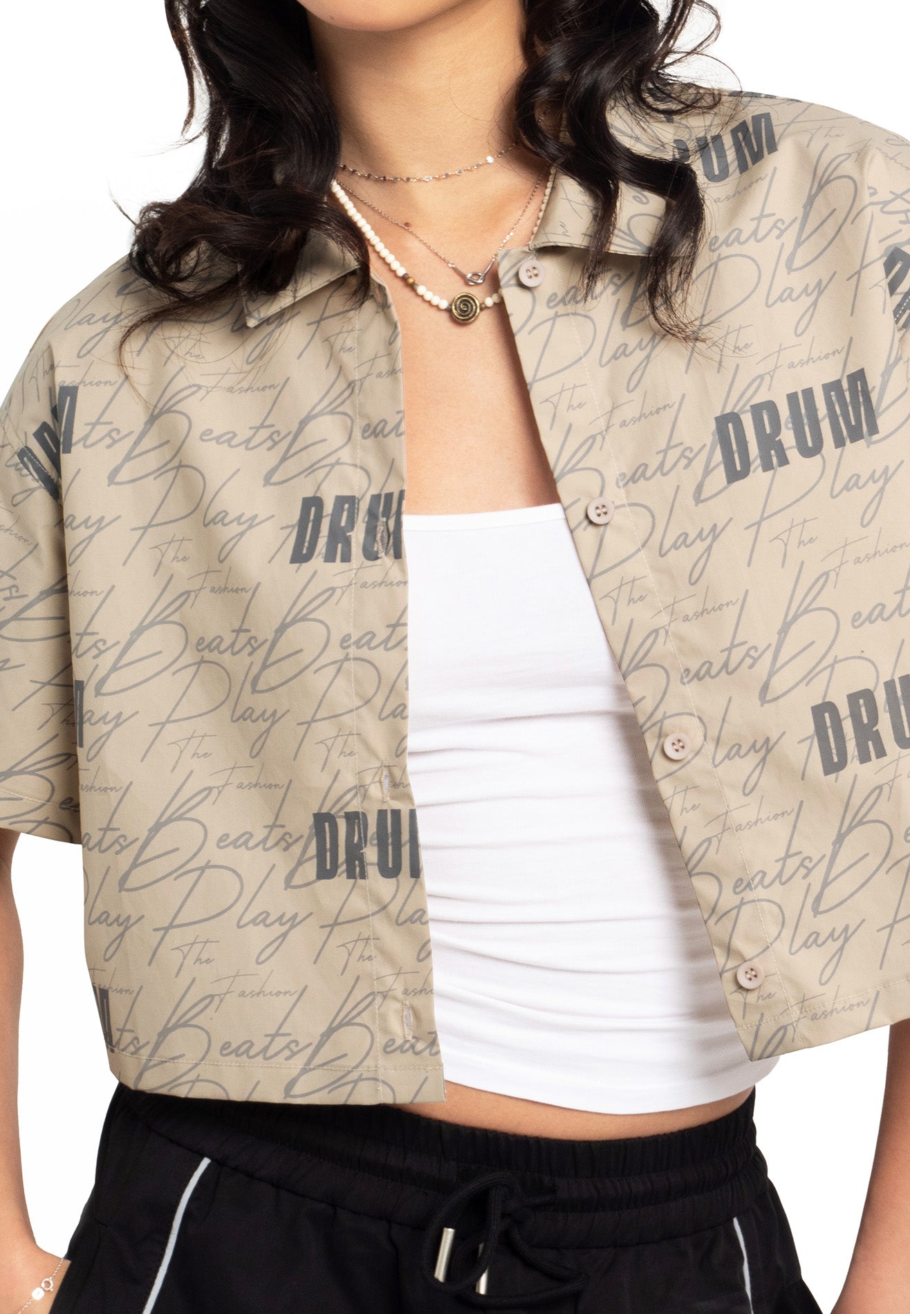 Select Women Full Print Short Sleeve Crop Shirt- Light Khaki