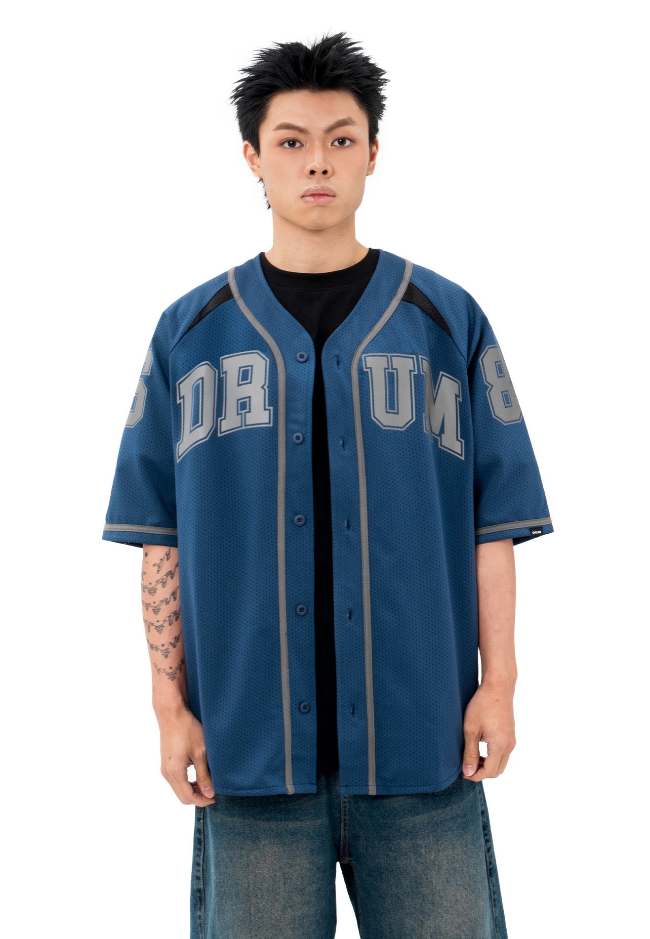 DRUM S. Reflective Patchwork Oversized Baseball Shirt- Navy