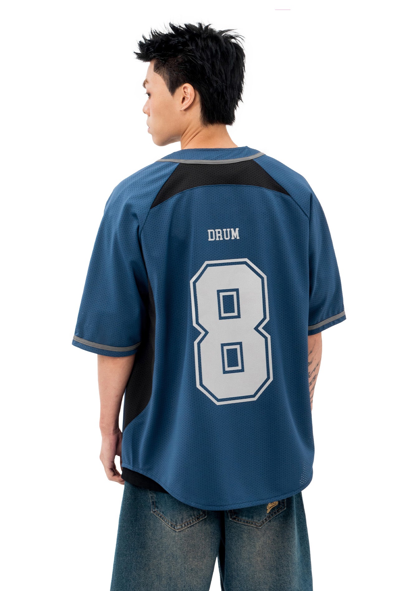 DRUM S. Reflective Patchwork Oversized Baseball Shirt- Navy