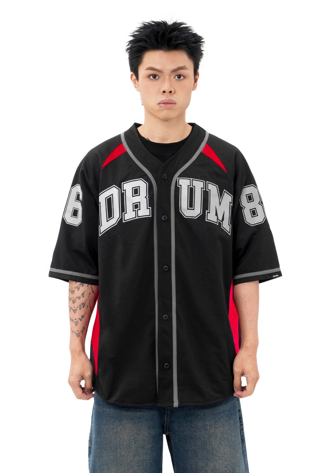 DRUM S. Reflective Patchwork Oversized Baseball Shirt- Black