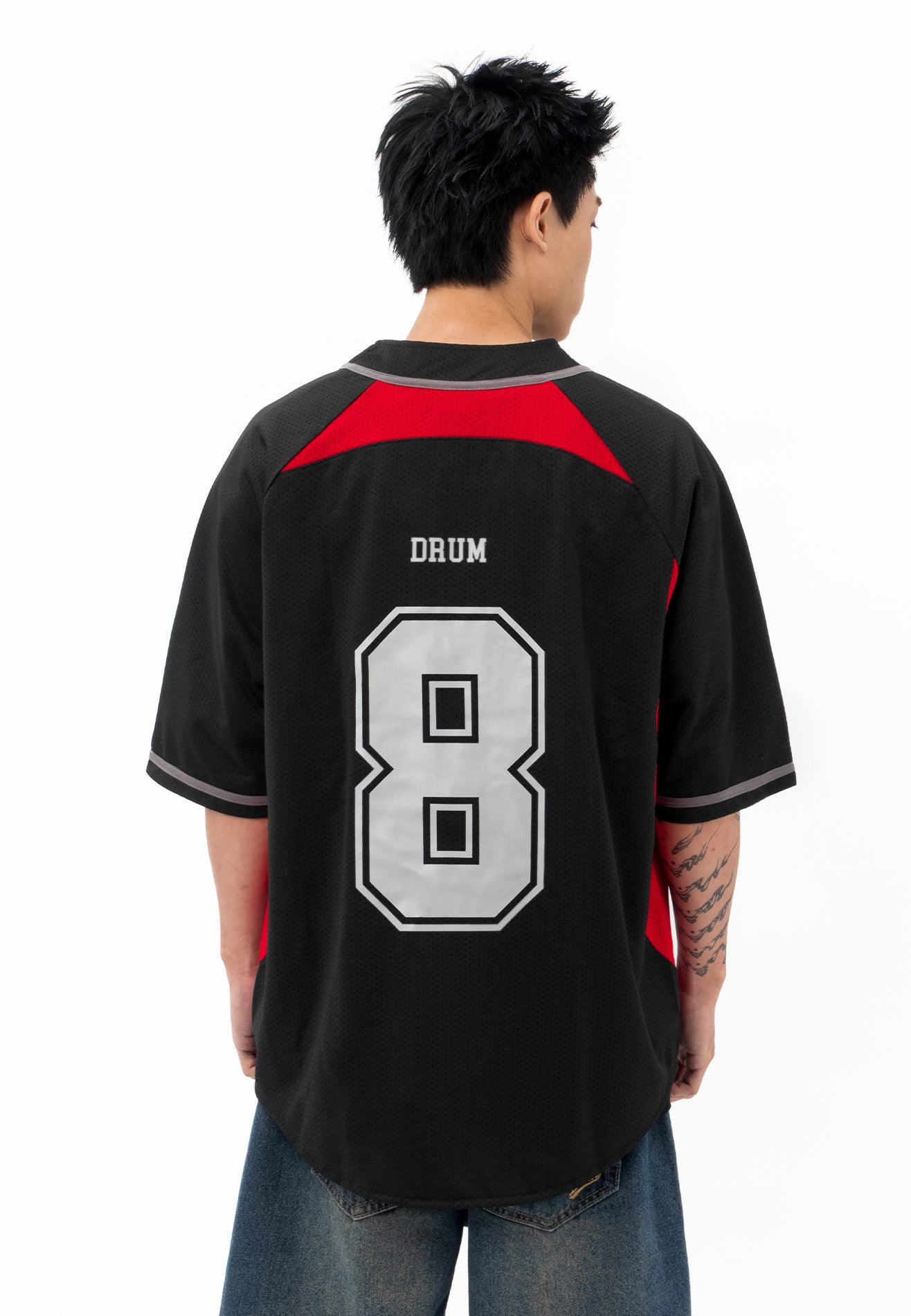 DRUM S. Reflective Patchwork Oversized Baseball Shirt- Black