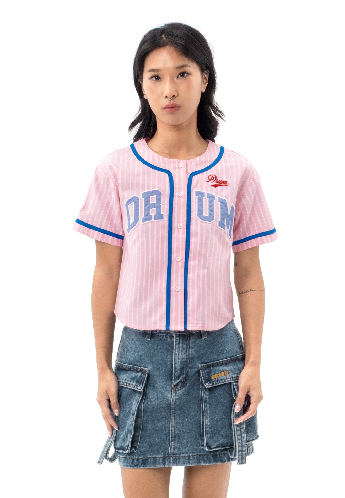 DRUM S. Ladies Stripe Print Baseball Shirt- Pink