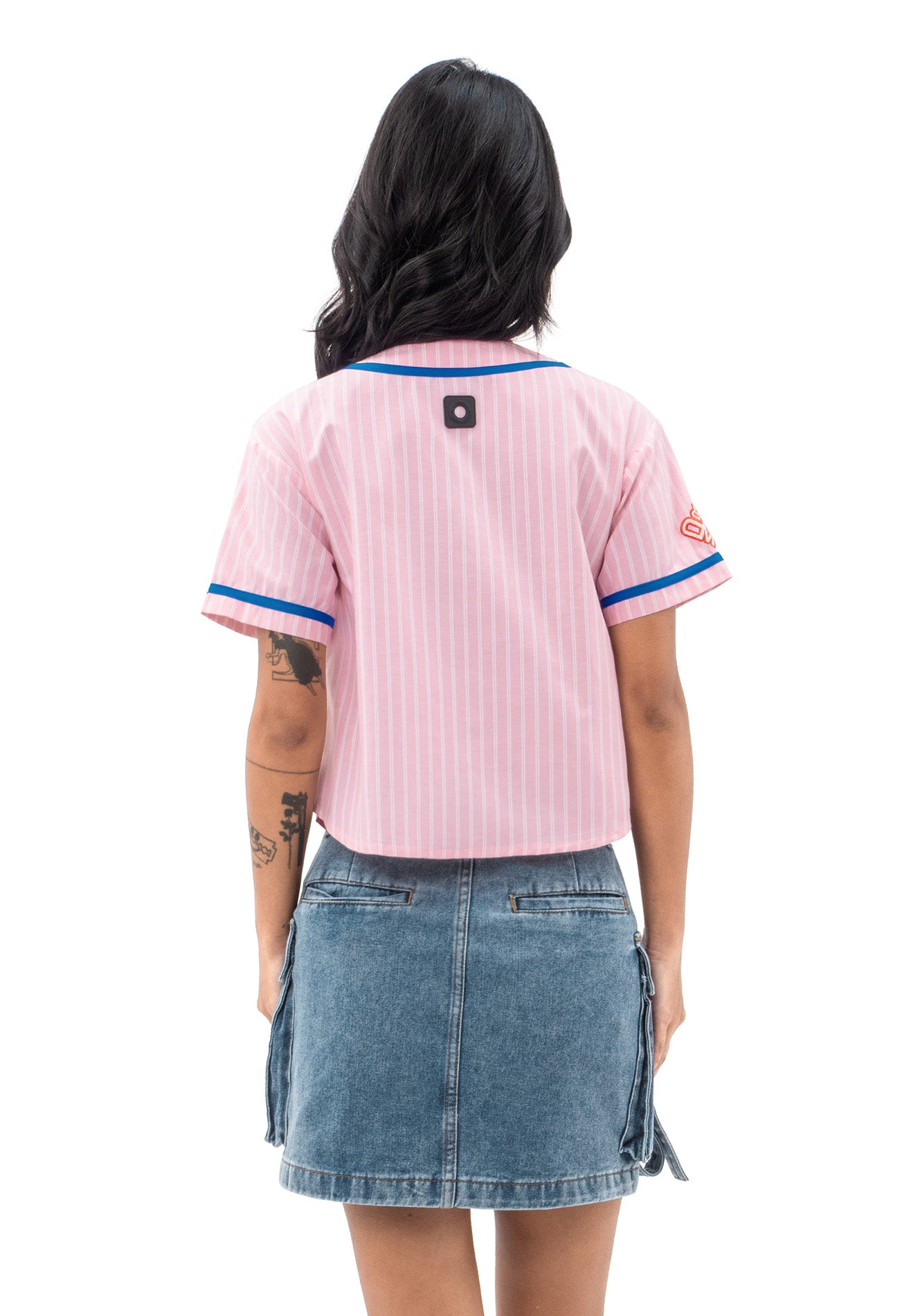 DRUM S. Ladies Stripe Print Baseball Shirt- Pink
