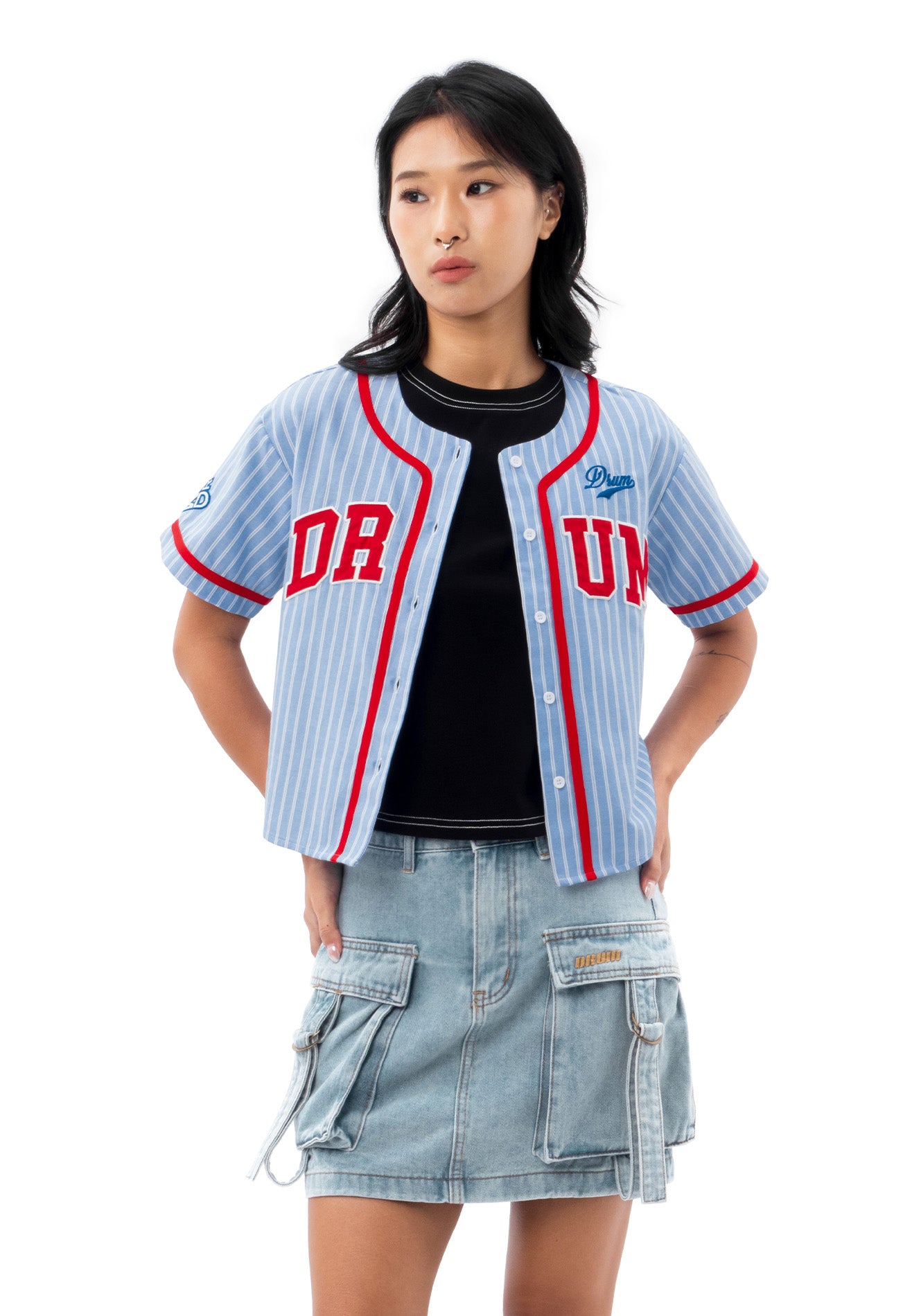 DRUM S. Ladies Stripe Print Baseball Shirt- Light Blue
