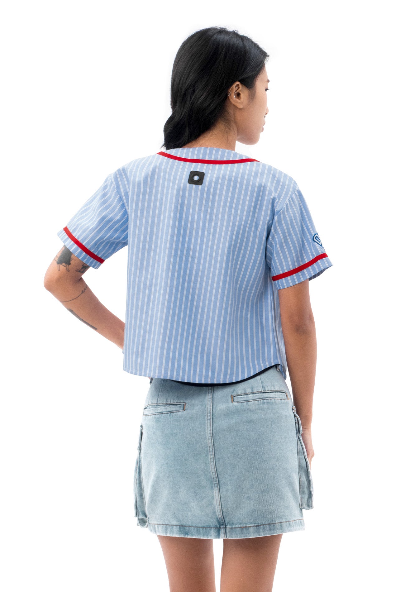 DRUM S. Ladies Stripe Print Baseball Shirt- Light Blue