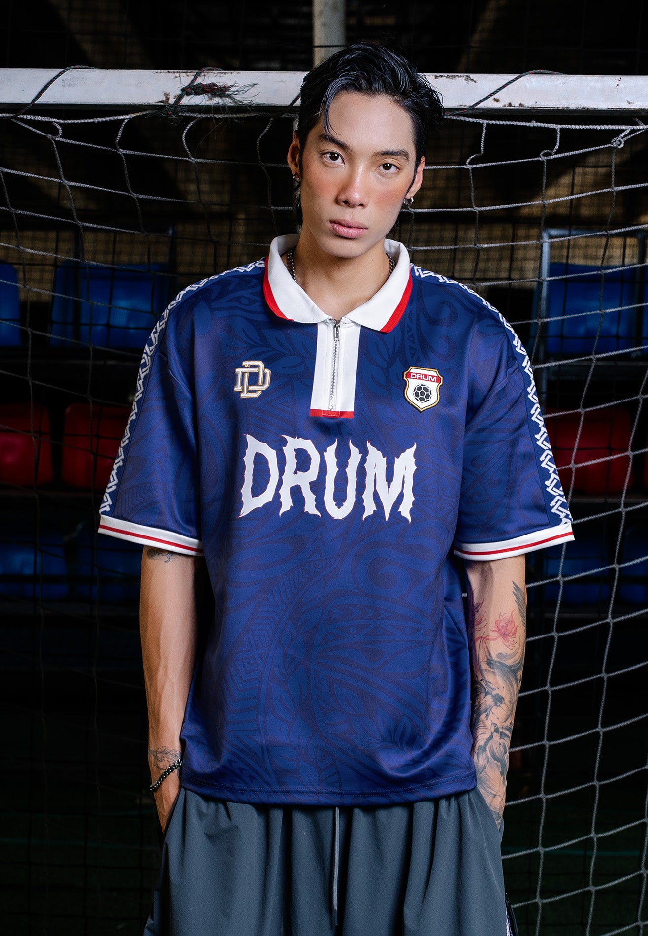 DRUM S. Football Collection Zipper Polo Jersey - Blue