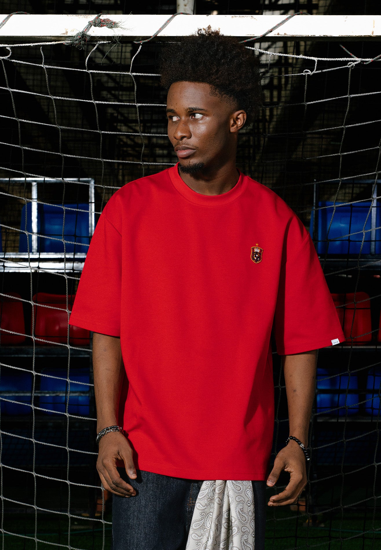 DRUM E. Football Collection Icon Embroidery Oversized Tee - Red