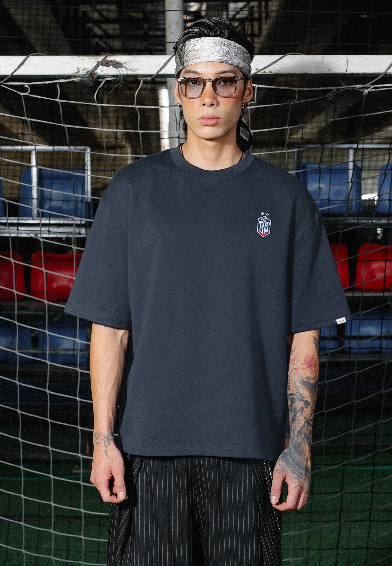 DRUM E. Football Collection Icon Embroidery Oversized Tee - Navy
