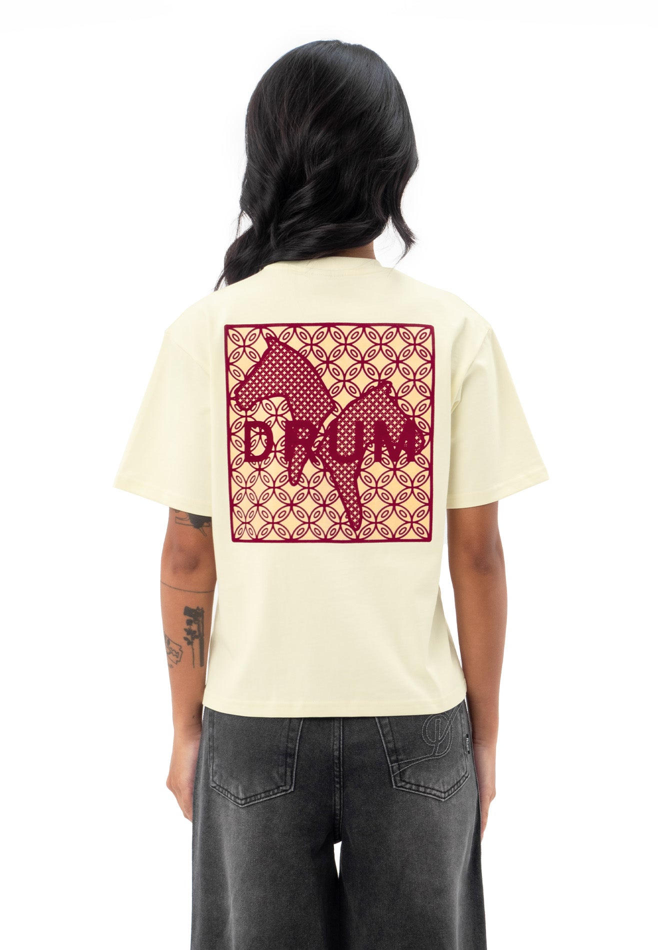 DRUM S. Ladies Flocking Horse Monogram Oversized Tee- Beige